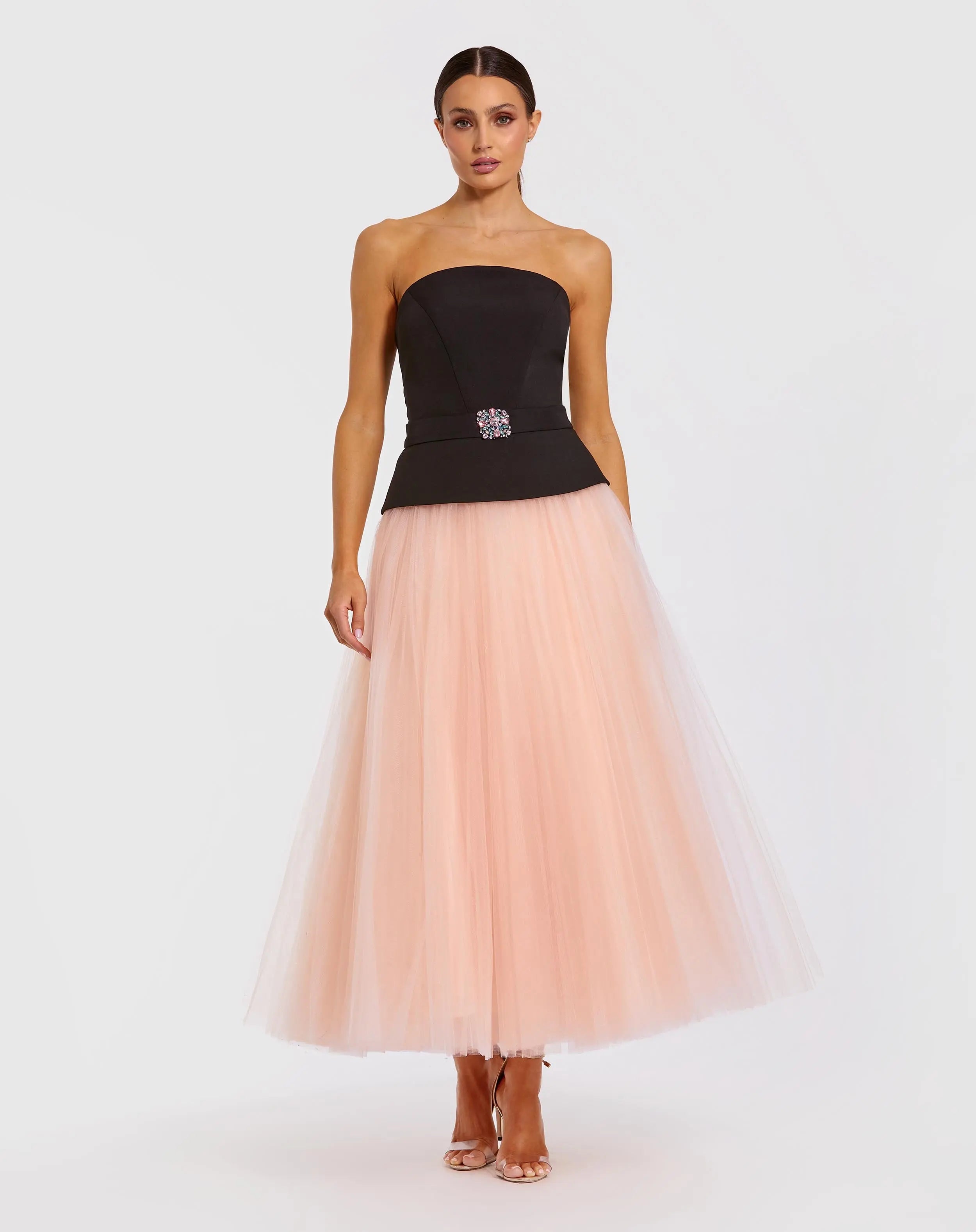 Black and Pink Strapless Midi Dress With Tulle Skirt-Myartka