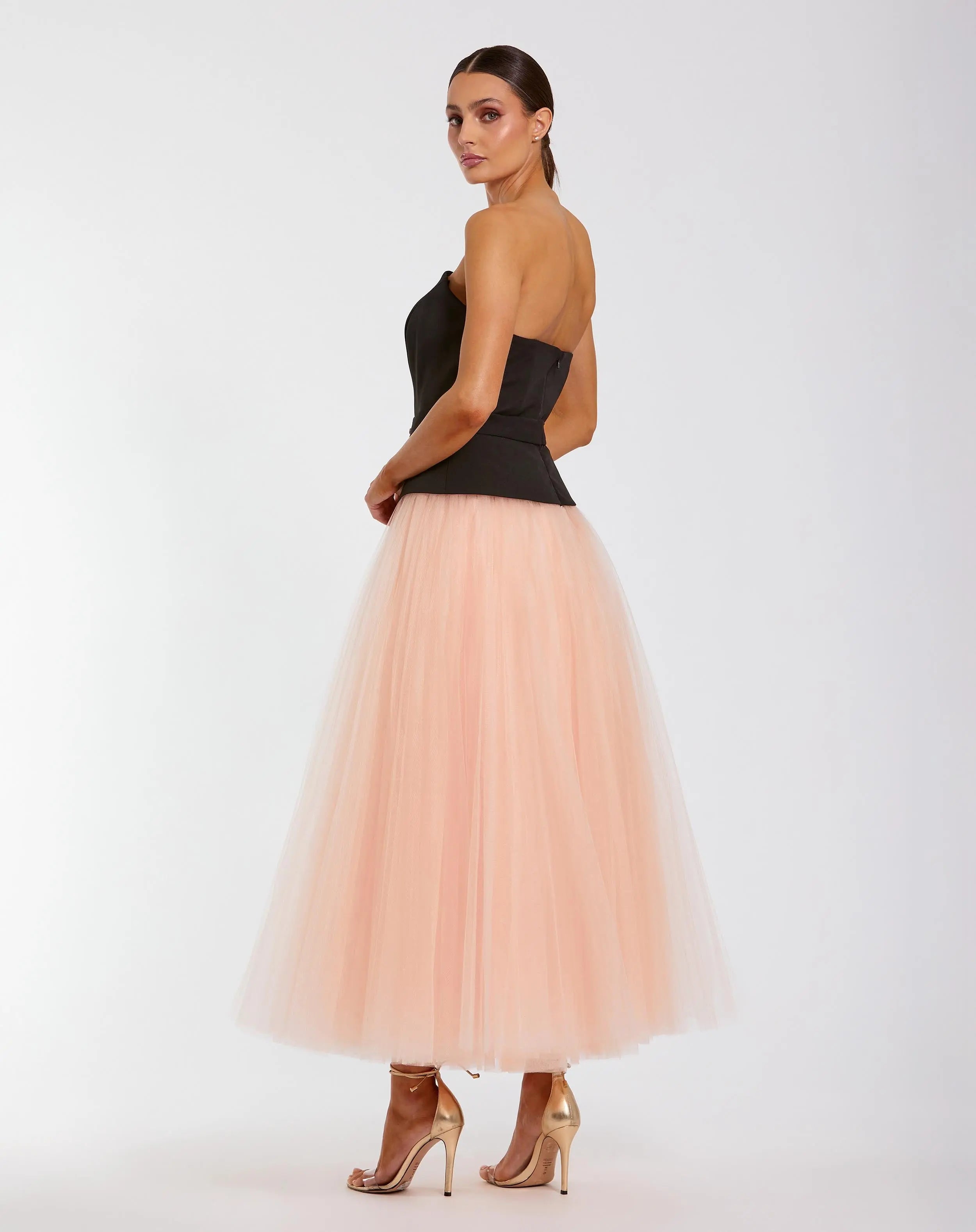 Black and Pink Strapless Midi Dress With Tulle Skirt-Myartka