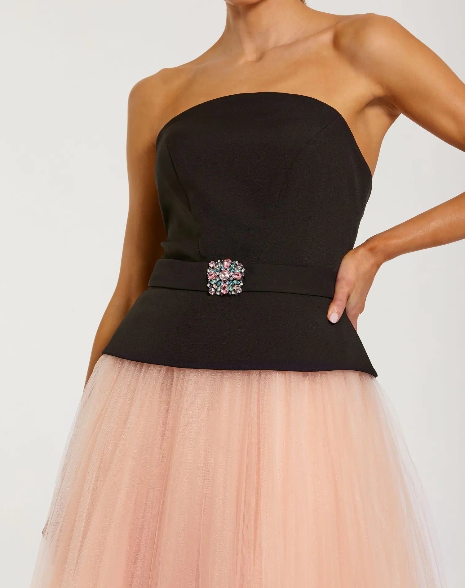 Black and Pink Strapless Midi Dress With Tulle Skirt-Myartka