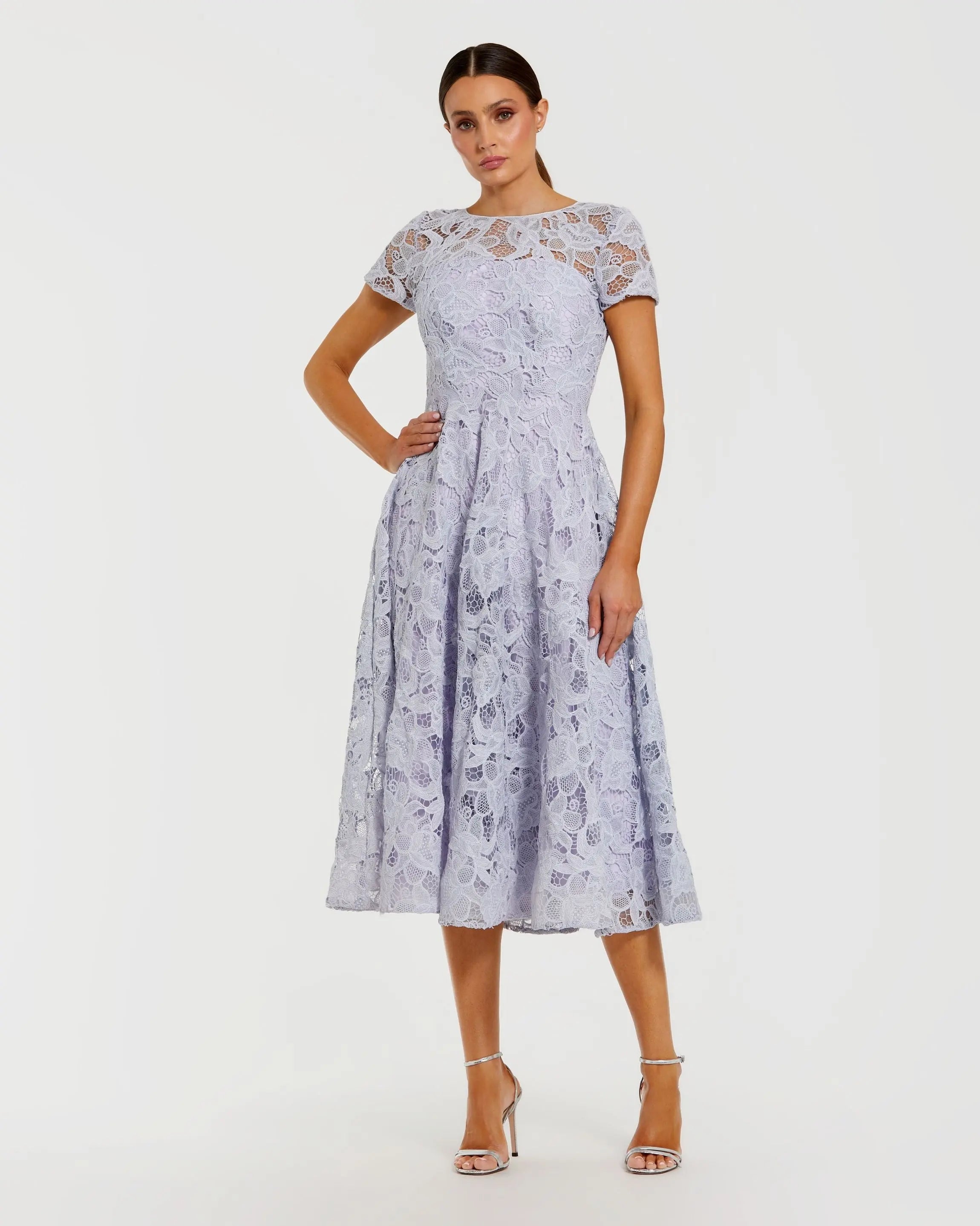 Purple Embellished Lace Short Sleeve Midi Dress-Myartka