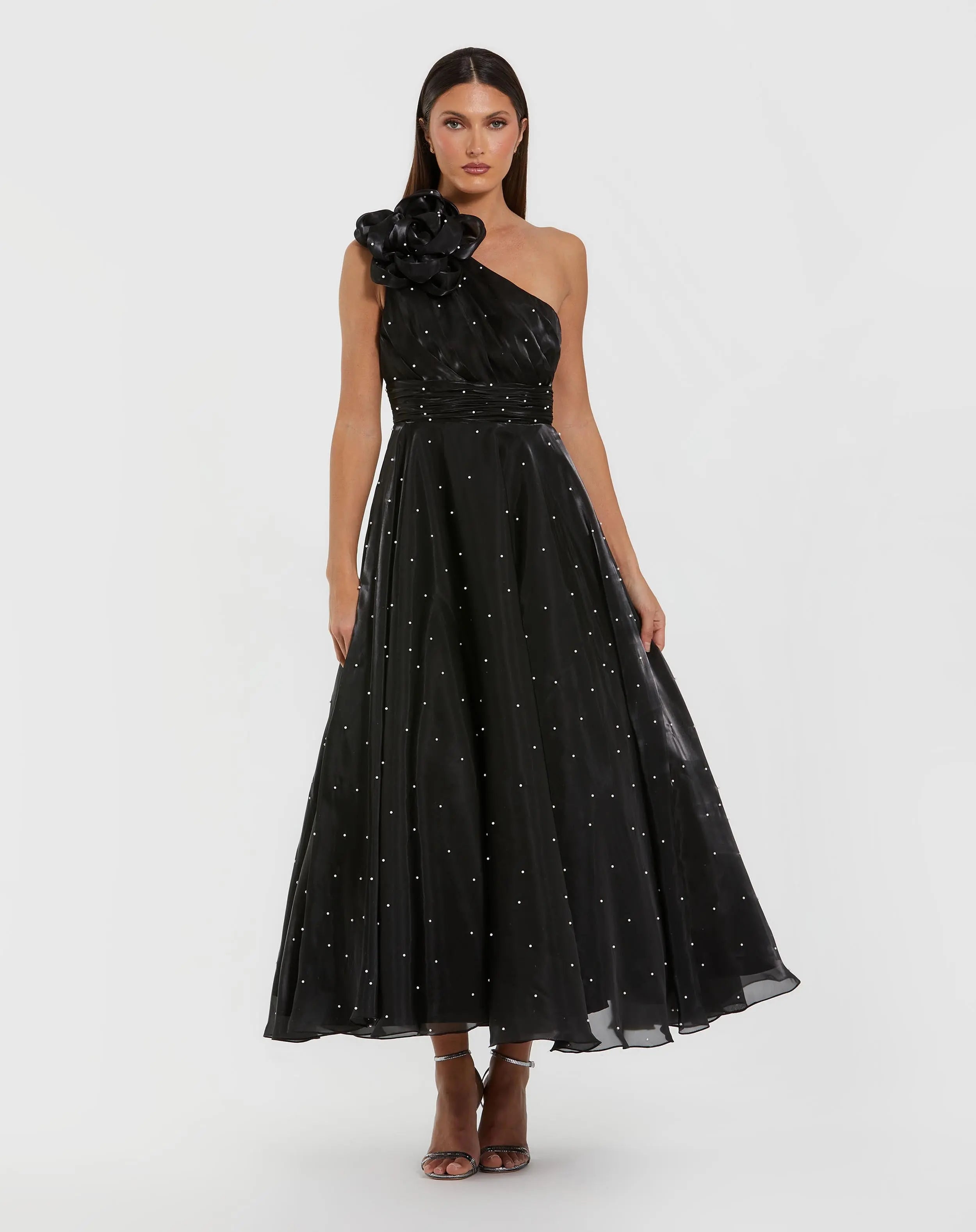 Black Pearl Embellished One Shoulder Organza Midi Dress-Myartka