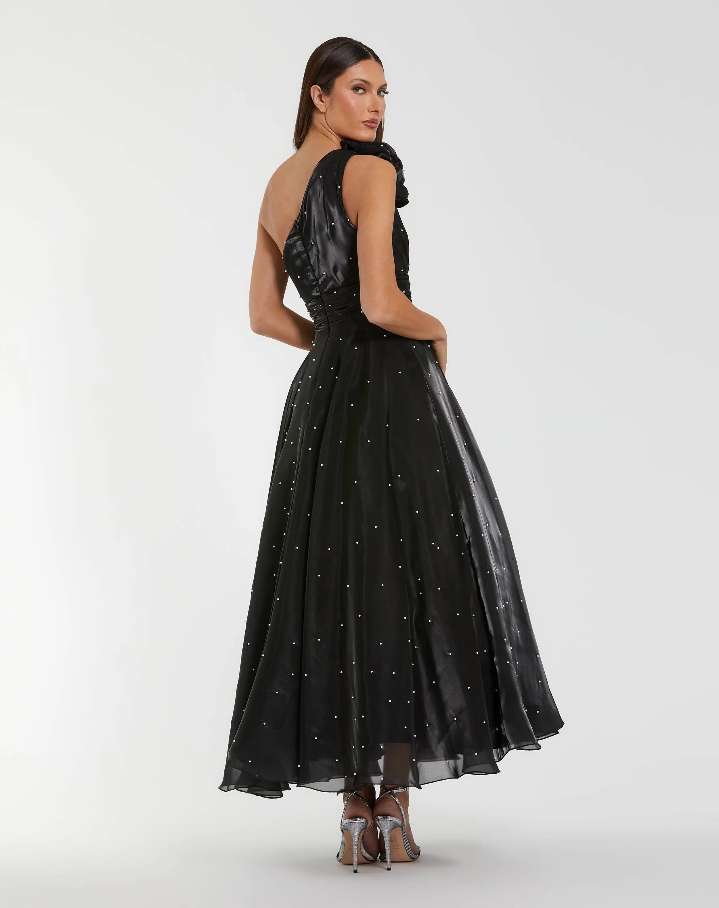 Black Pearl Embellished One Shoulder Organza Midi Dress-Myartka