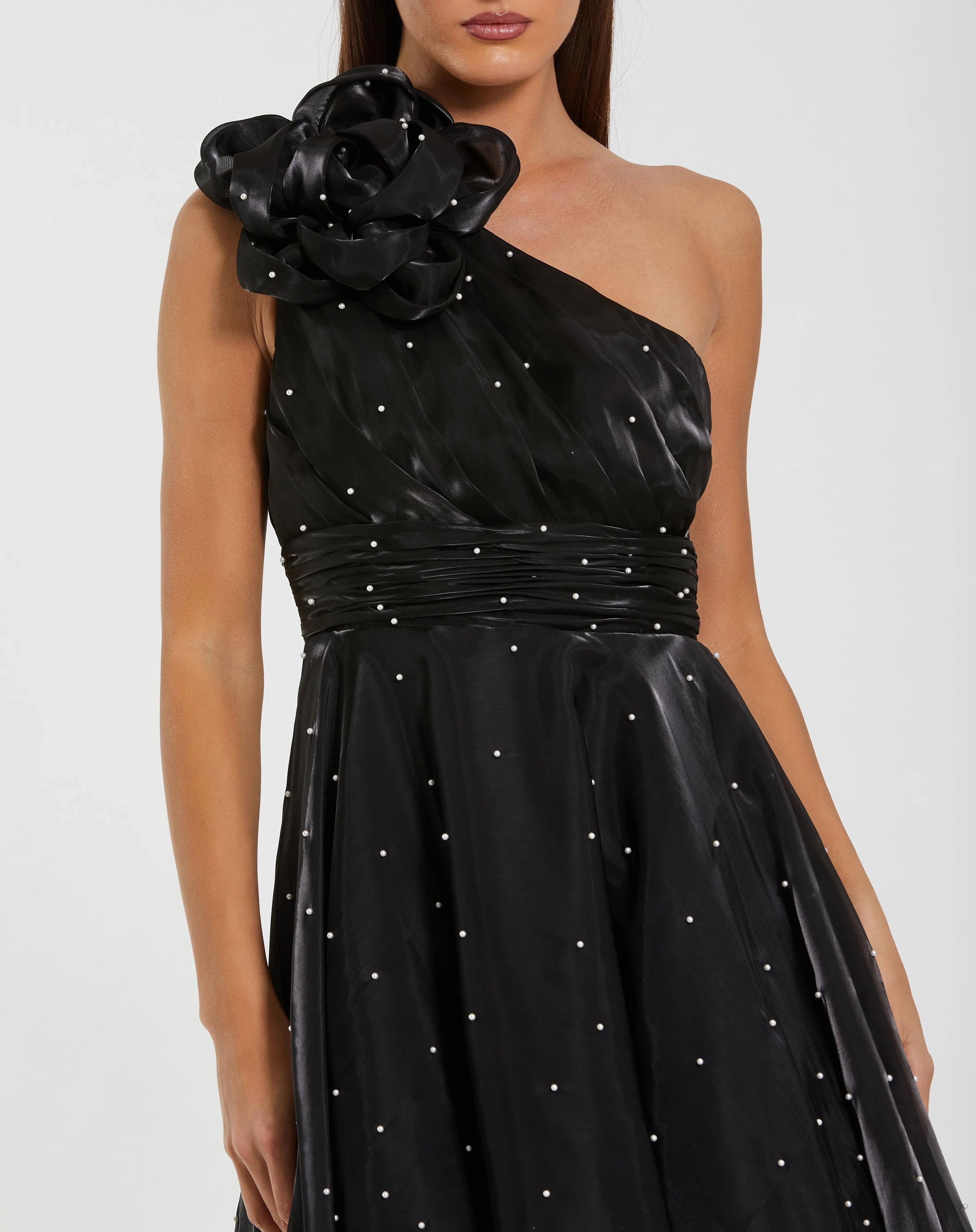 Black Pearl Embellished One Shoulder Organza Midi Dress-Myartka