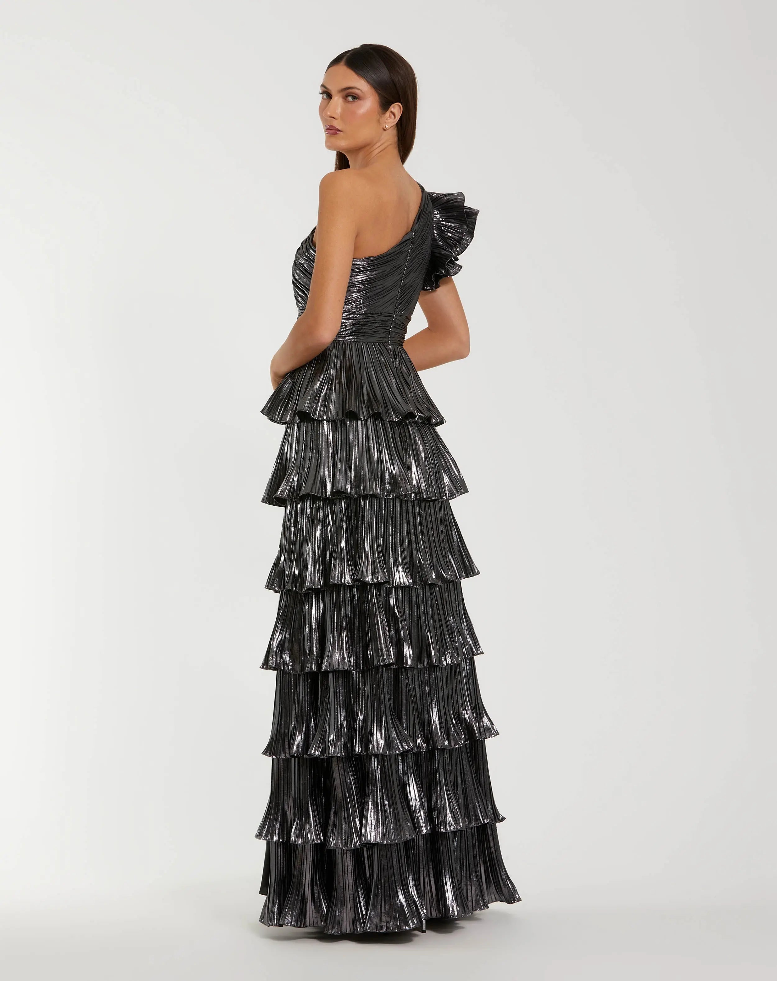 Dark Gray Pleated Metallic Ruffled One Shoulder Gown-Myartka