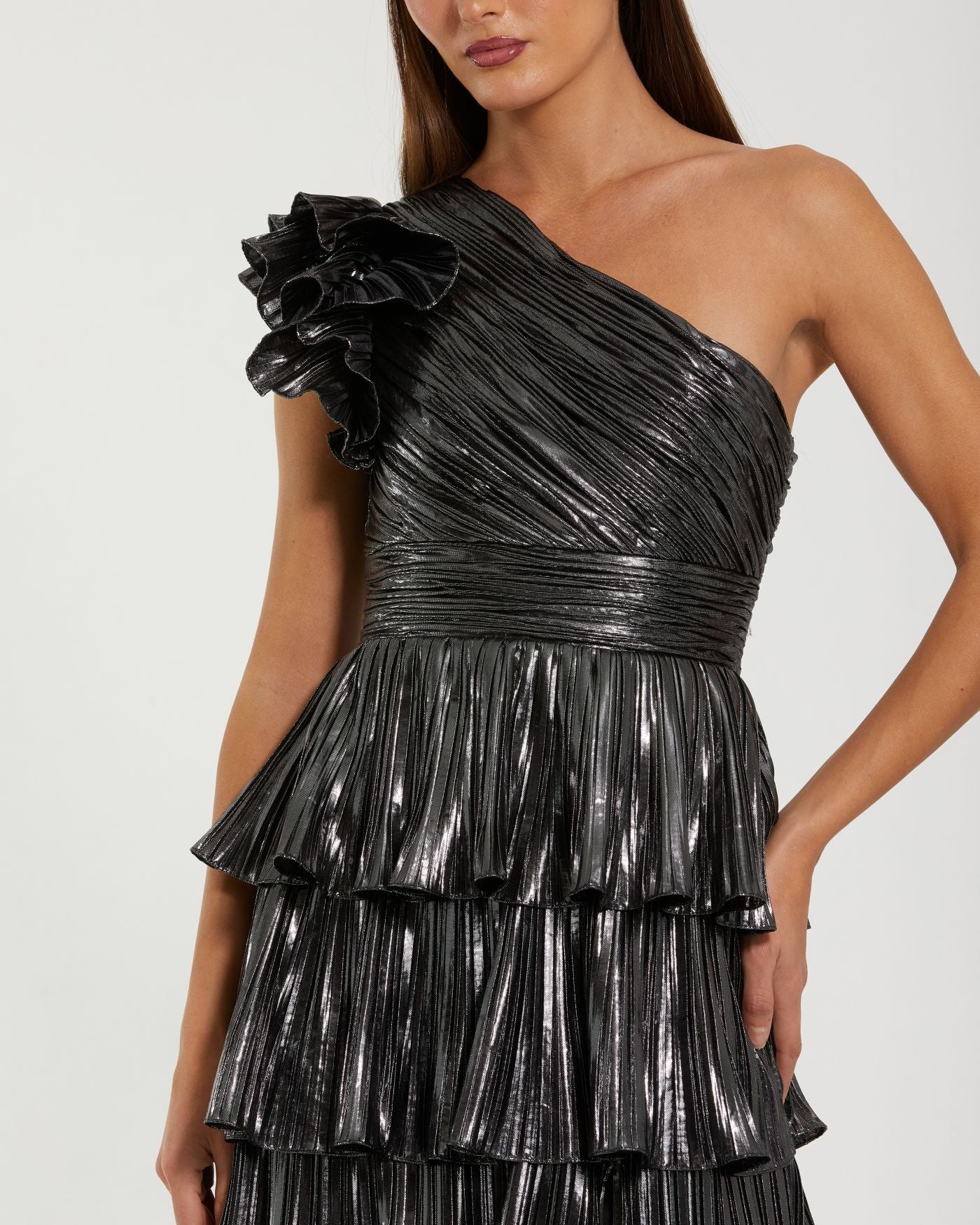 Dark Gray Pleated Metallic Ruffled One Shoulder Gown-Myartka
