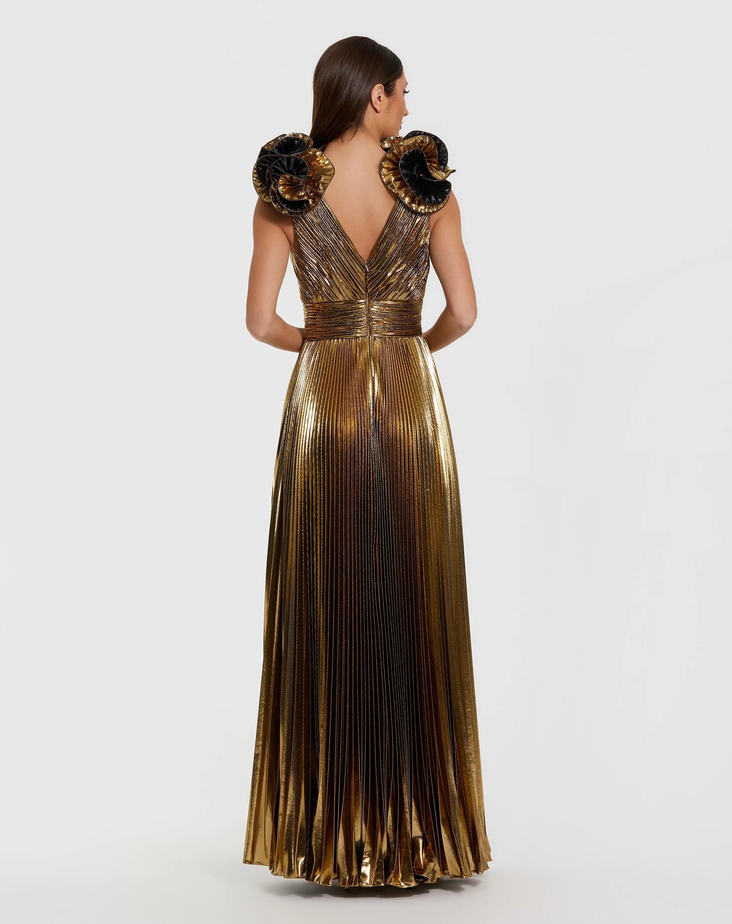 Gold Metallic Pleated Gown with Ruffle Shoulder Detail-Myartka