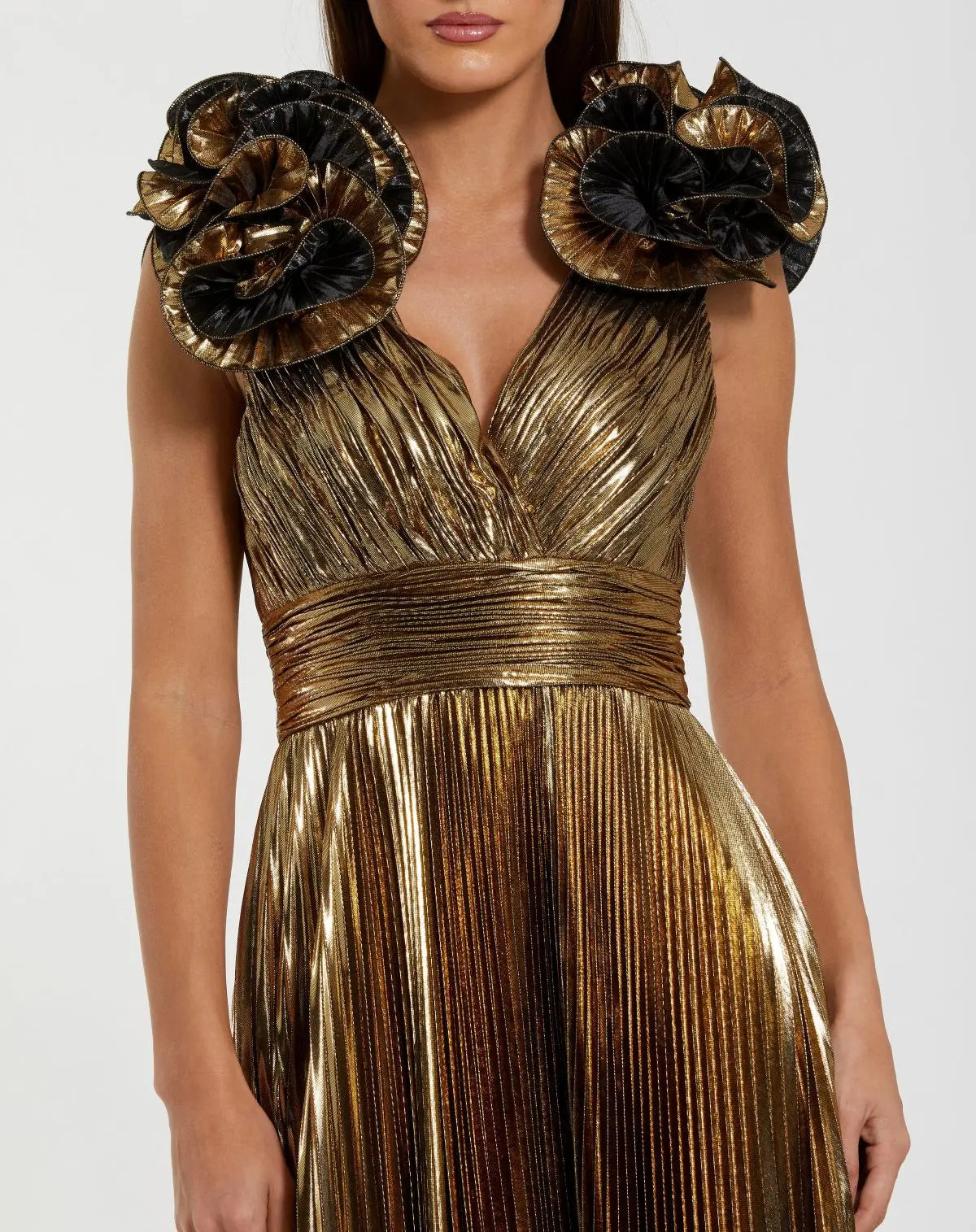 Gold Metallic Pleated Gown with Ruffle Shoulder Detail-Myartka