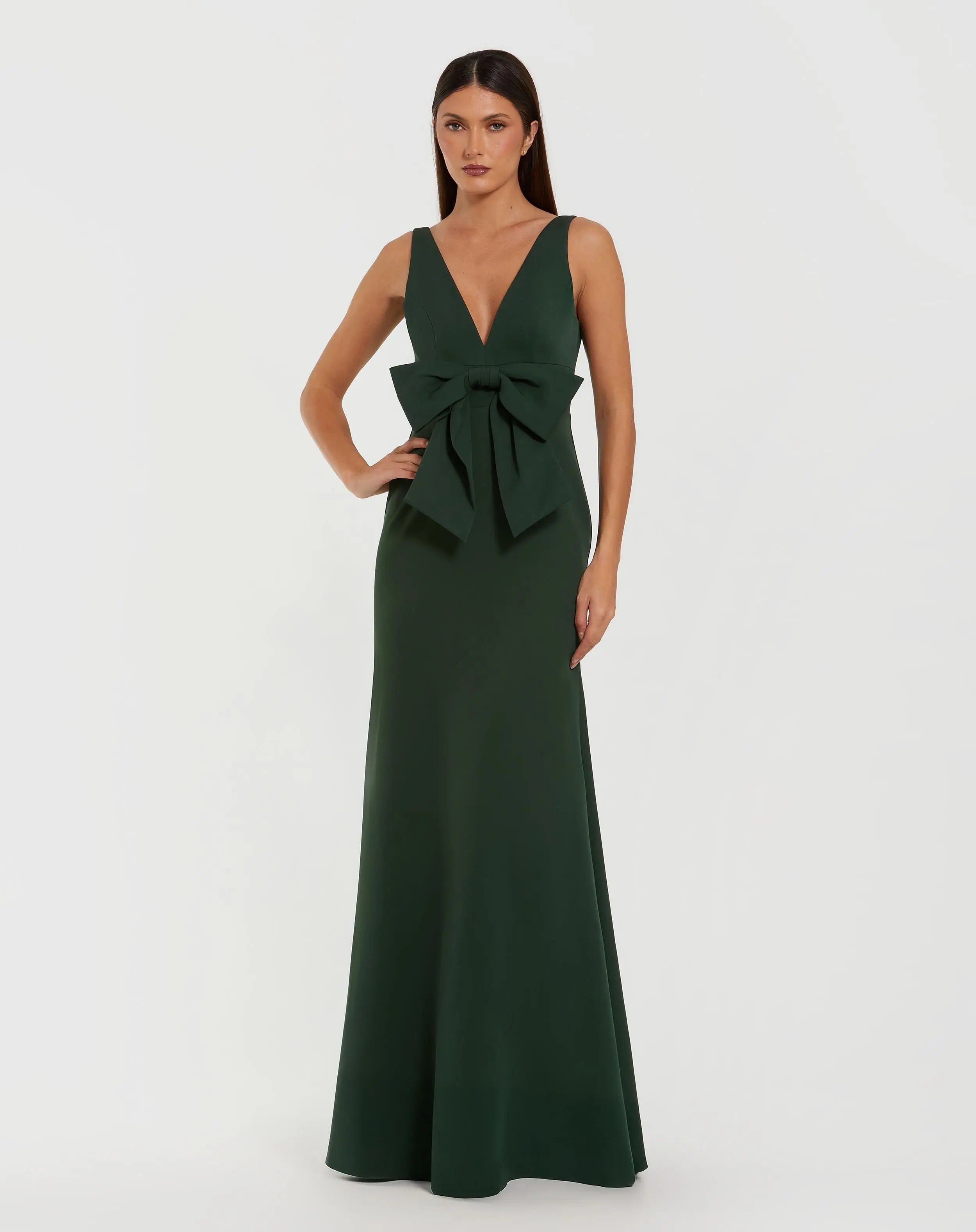 Green Crepe Sleeveless V-Neck Gown with Bow-Myartka