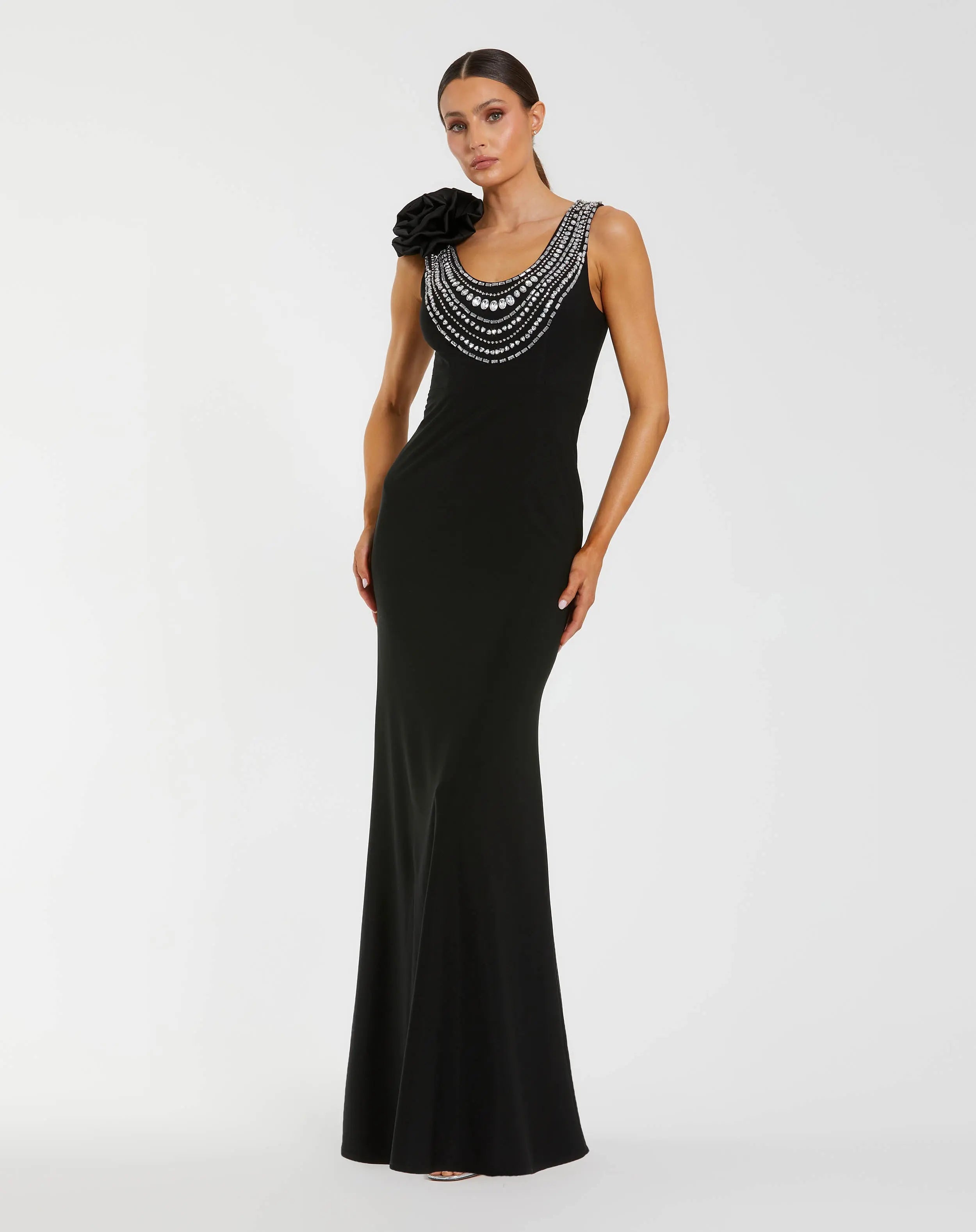 Black Beaded Scoop Neck Jersey Gown With 3D Flower-Myartka