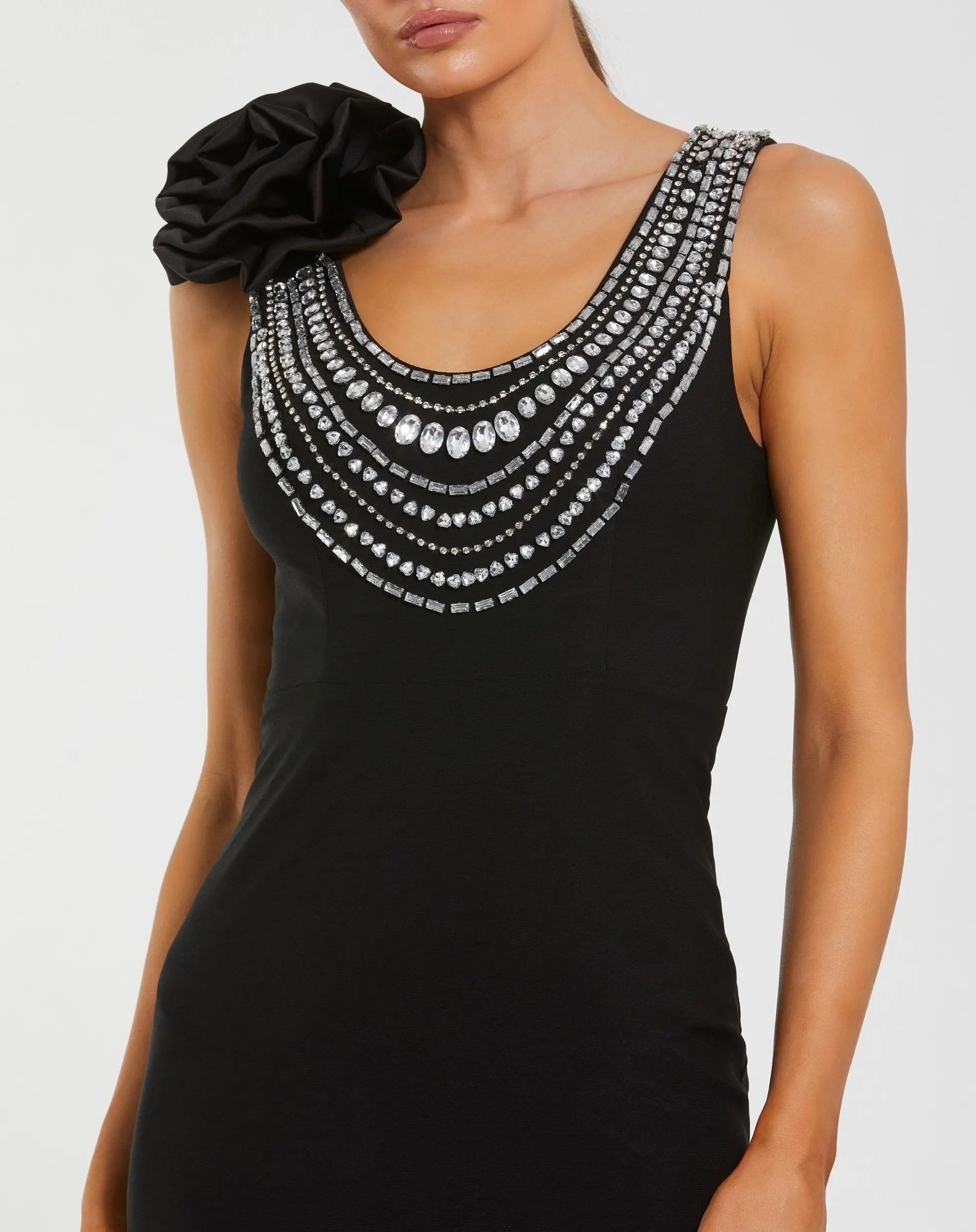 Black Beaded Scoop Neck Jersey Gown With 3D Flower-Myartka