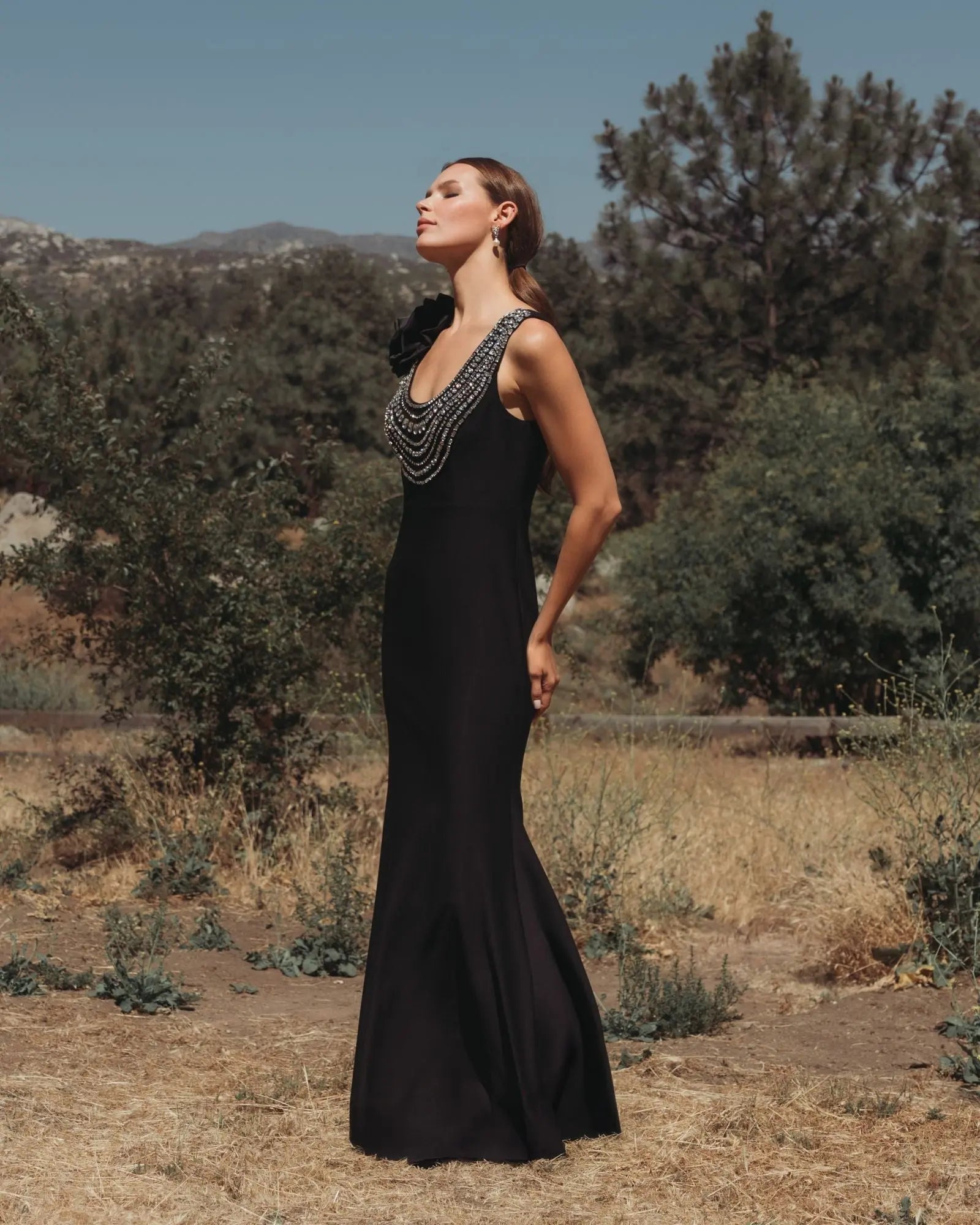Black Beaded Scoop Neck Jersey Gown With 3D Flower-Myartka