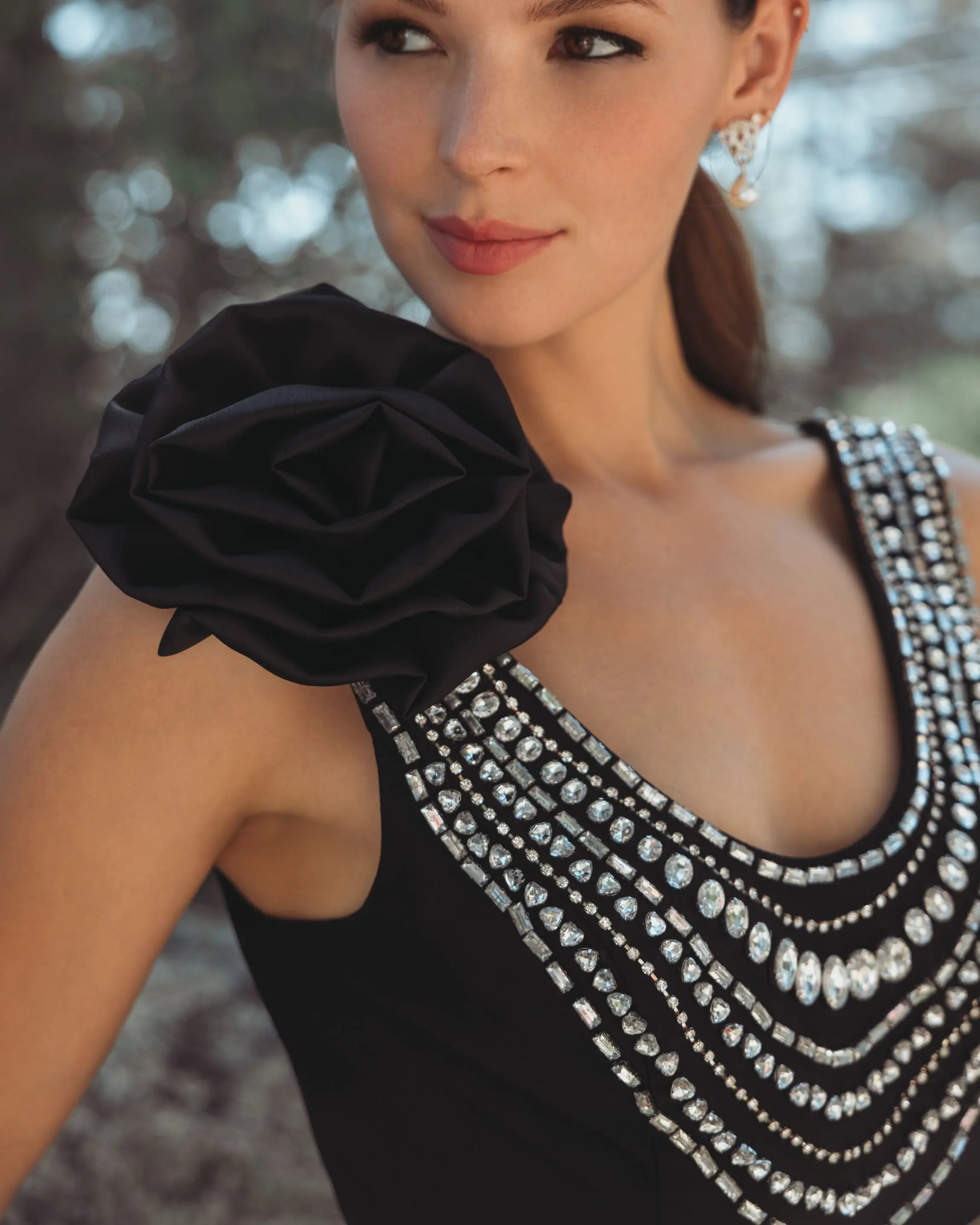 Black Beaded Scoop Neck Jersey Gown With 3D Flower-Myartka