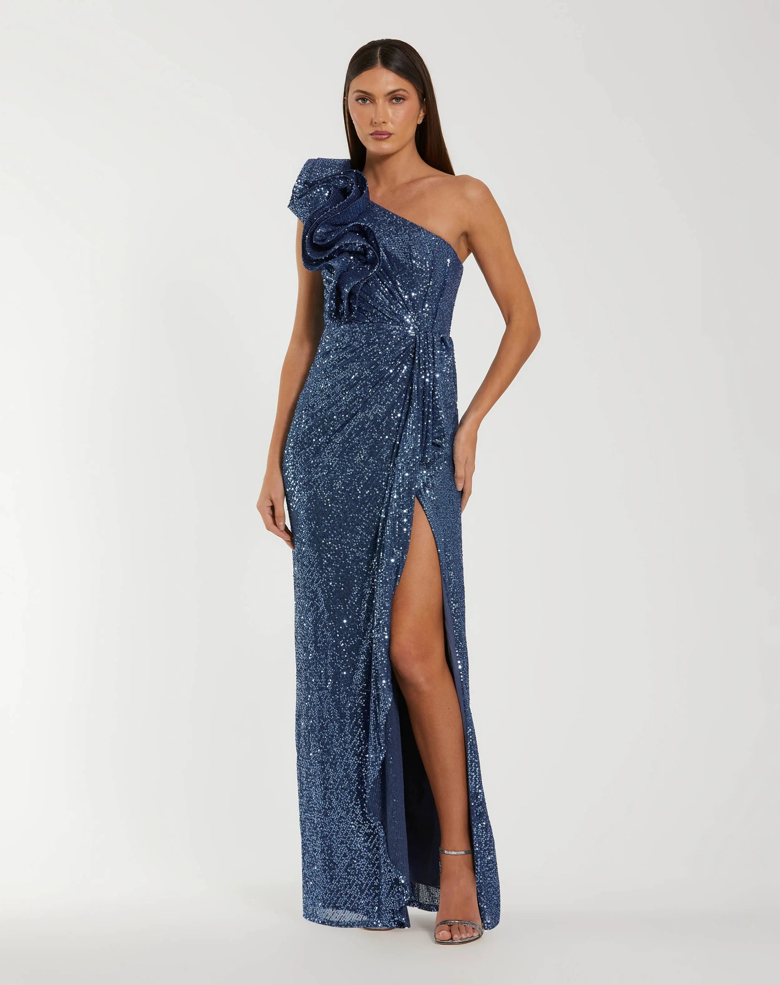 Blue One Shoulder Sequin Gown With Ruffle Detail-Myartka
