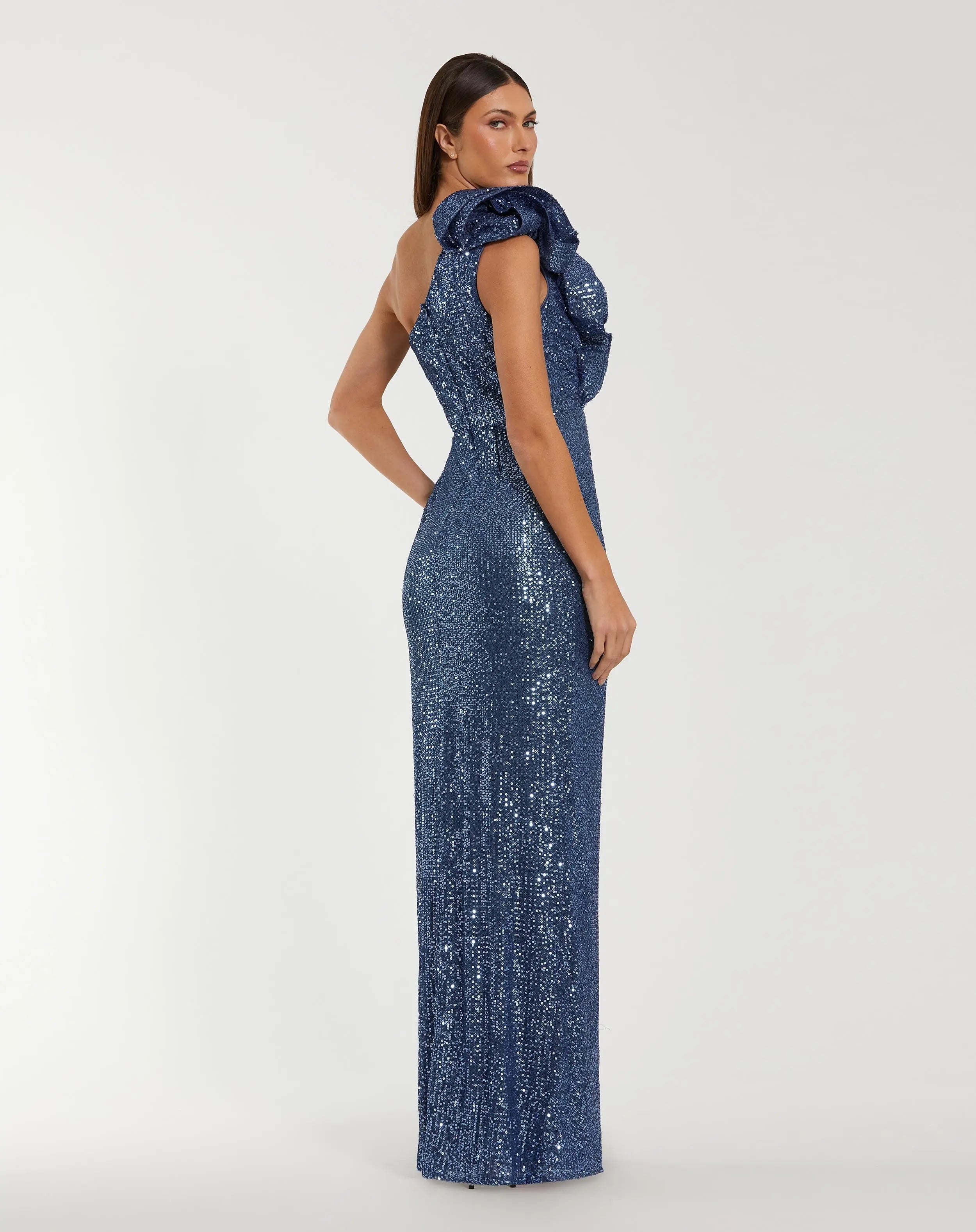 Blue One Shoulder Sequin Gown With Ruffle Detail-Myartka