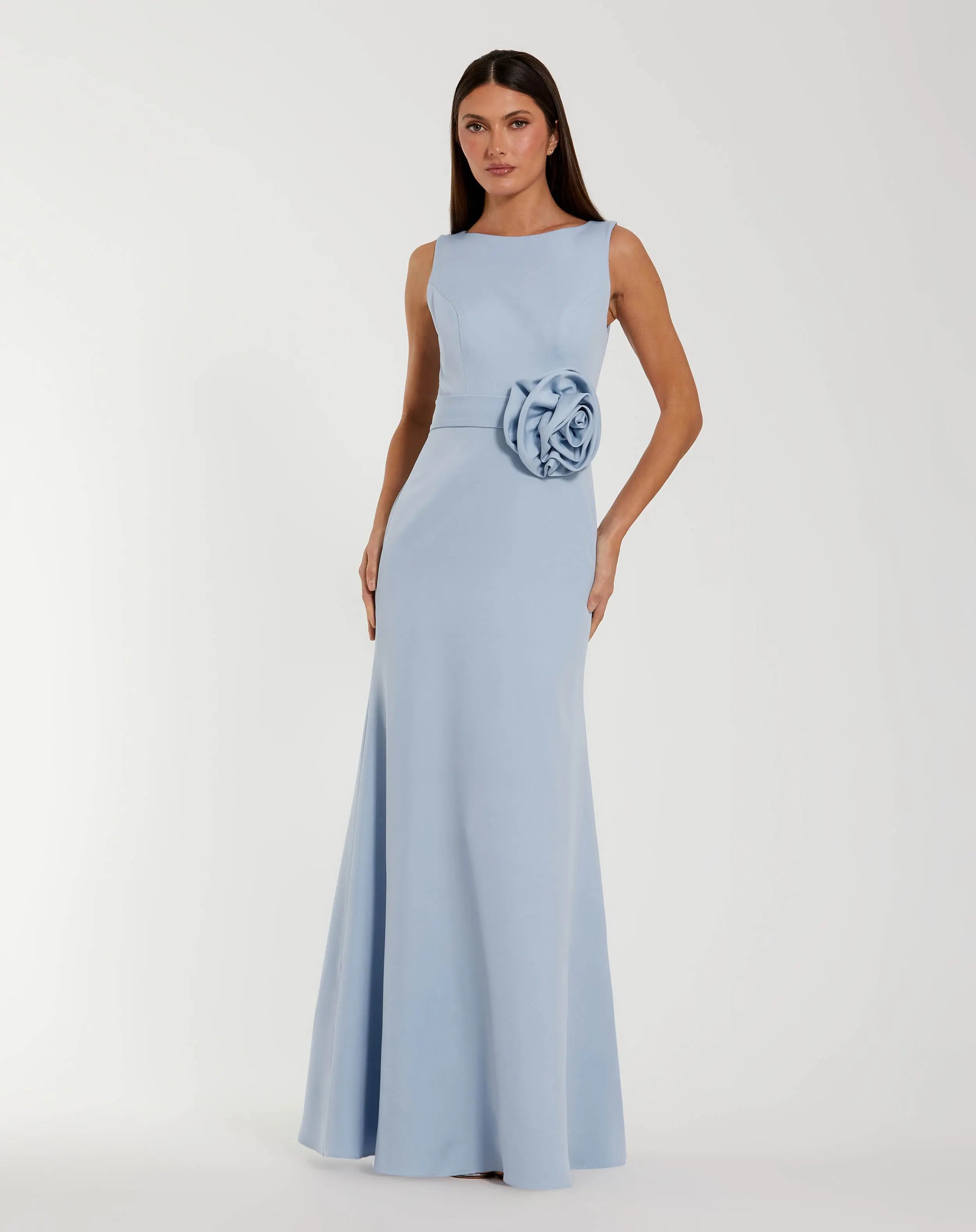 Blue Boat Neck Crepe A Line Gown With Flower-Myartka
