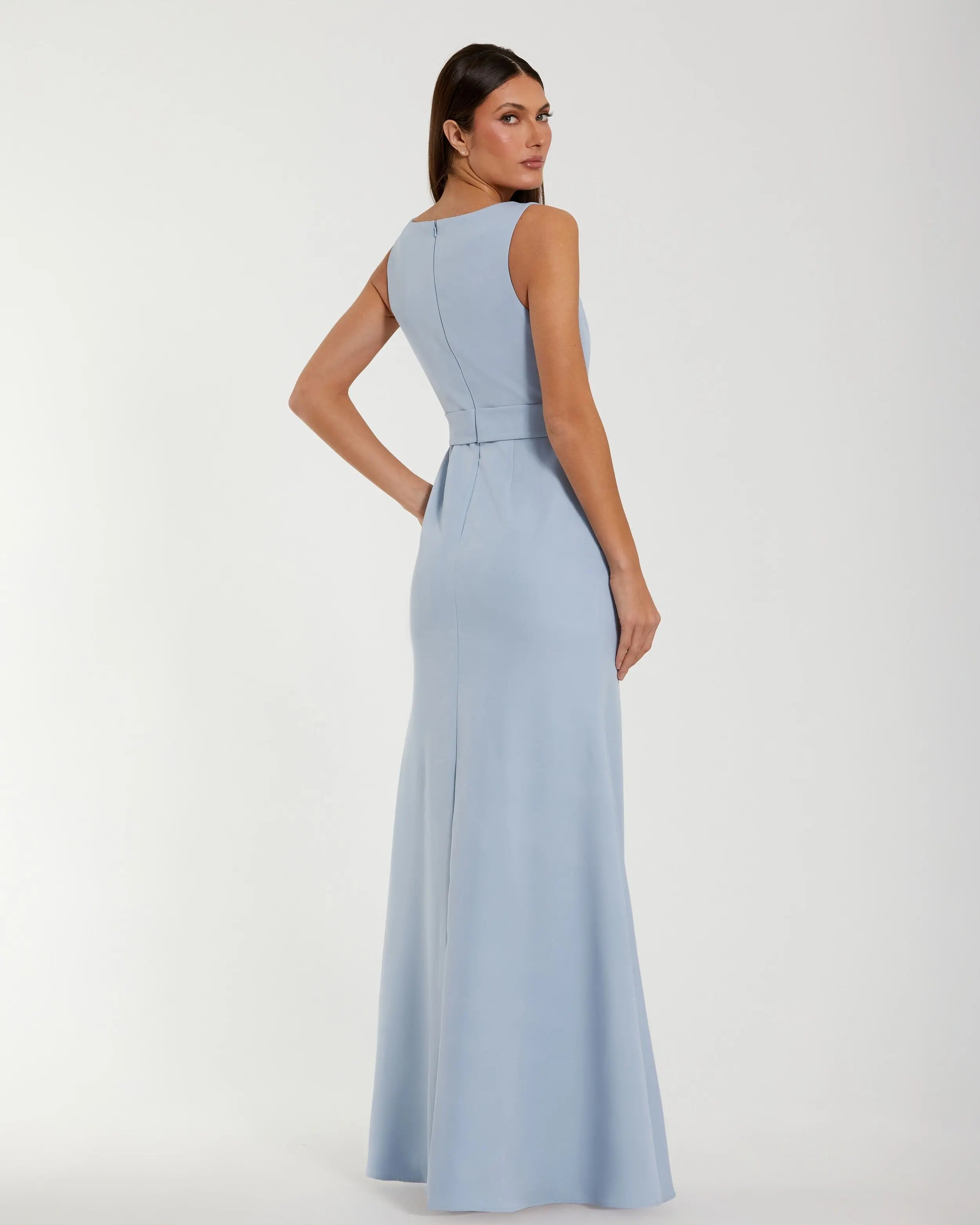 Blue Boat Neck Crepe A Line Gown With Flower-Myartka