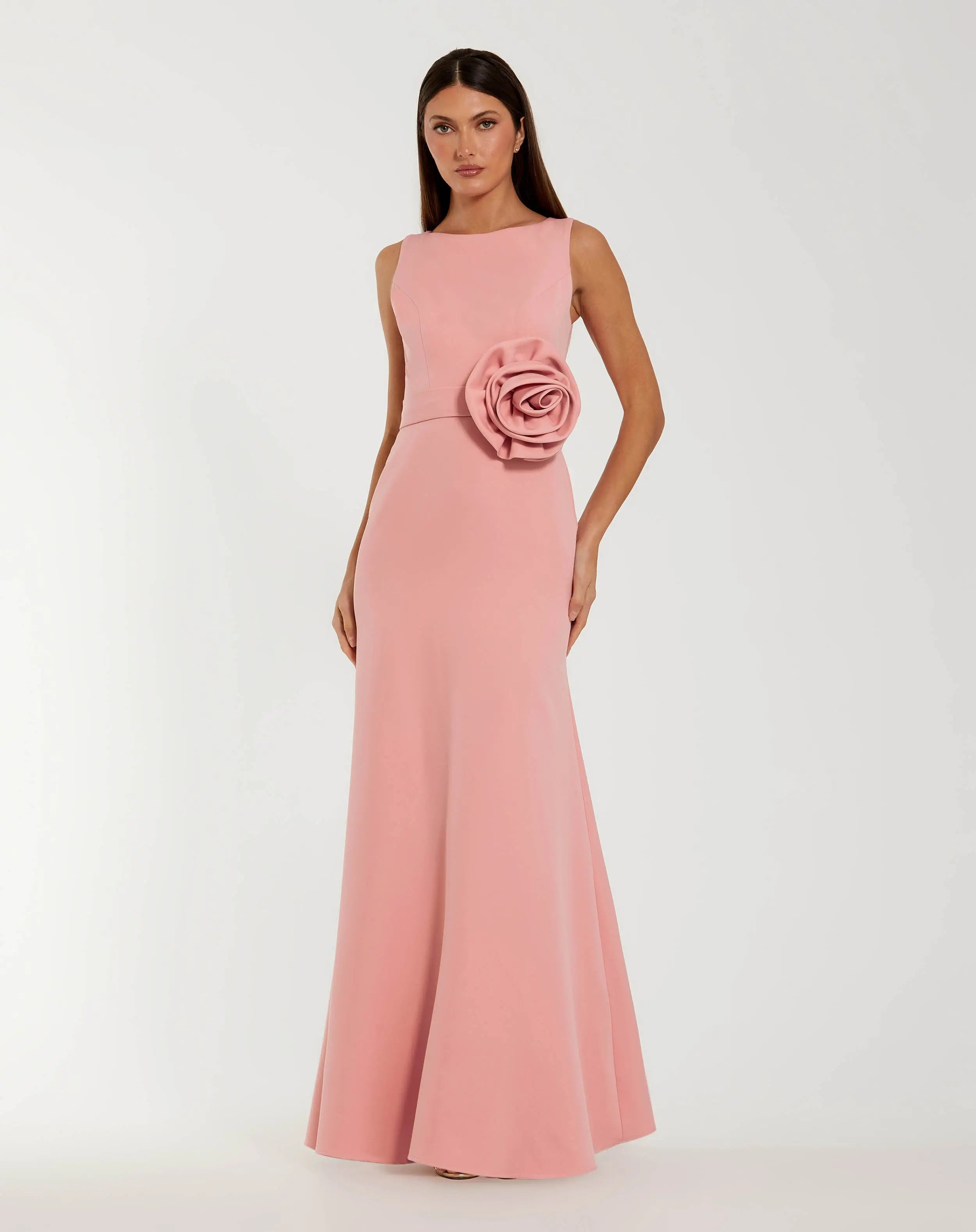 Pink Boat Neck Crepe A Line Gown With Flower-Myartka