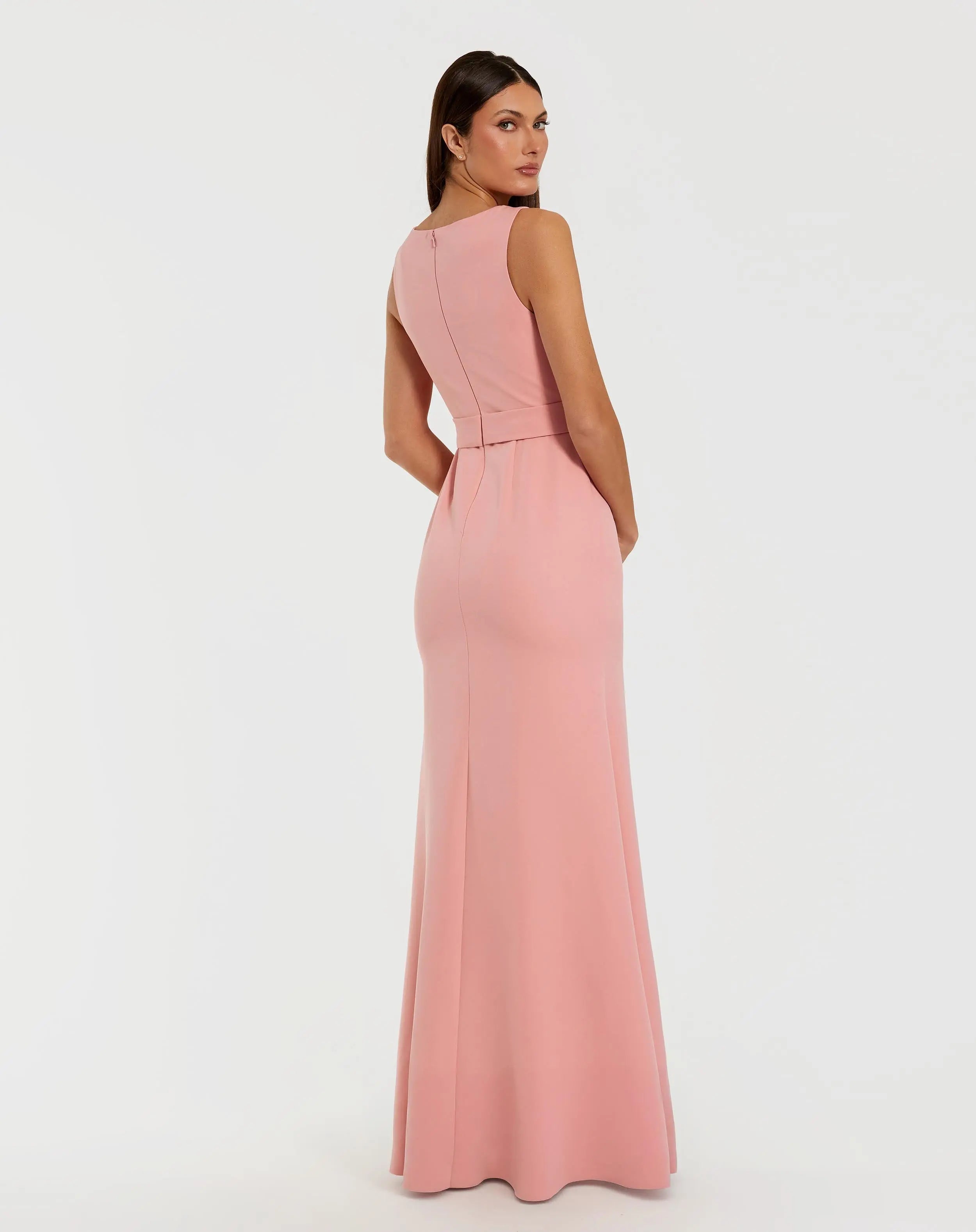 Pink Boat Neck Crepe A Line Gown With Flower-Myartka