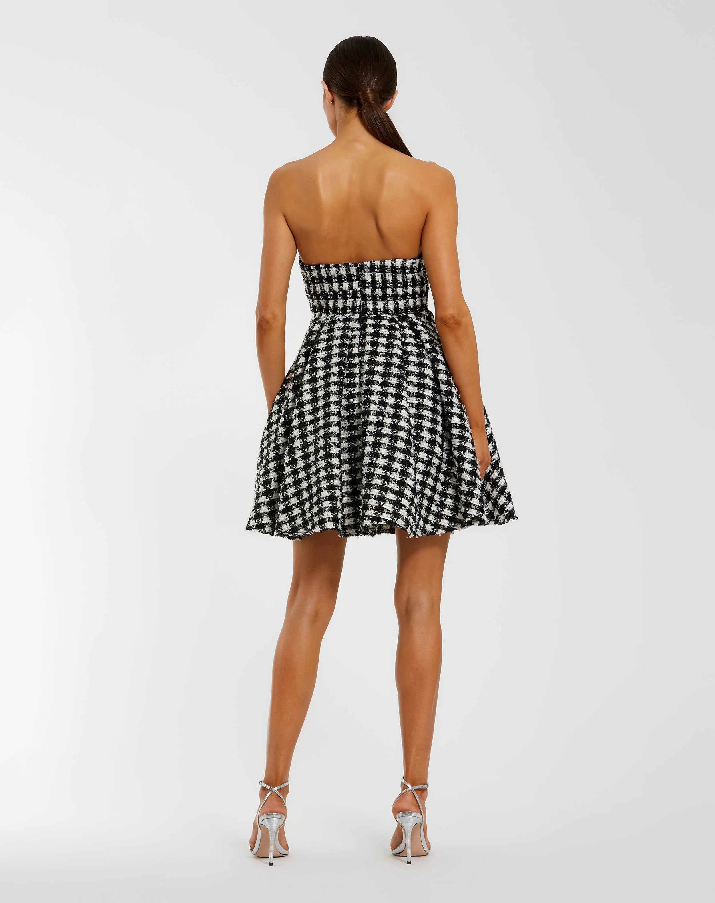 Black and White Strapless Boucle Mini Dress With Bow-Myartka