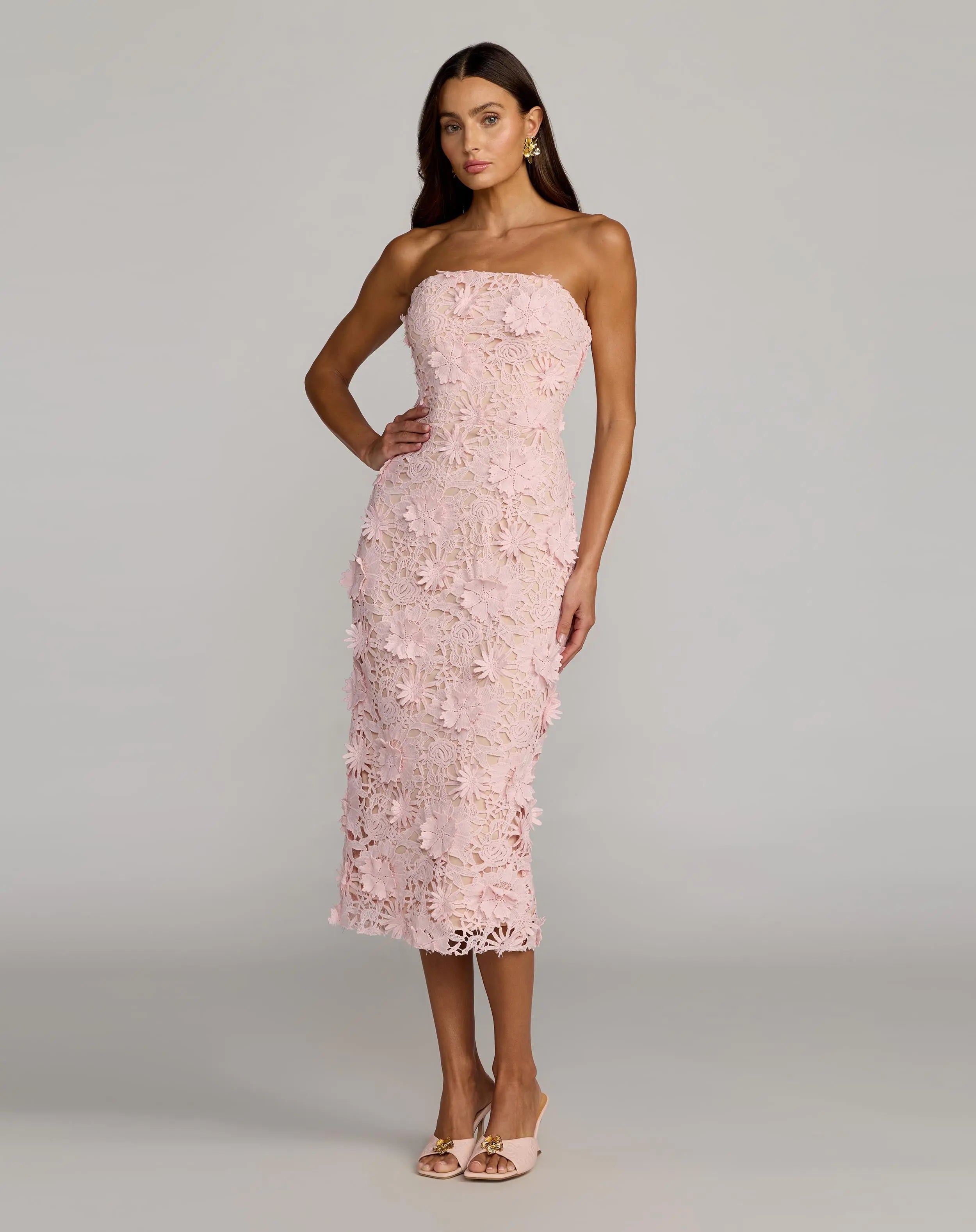 Pink Strapless 3D Floral Midi Dress-Myartka