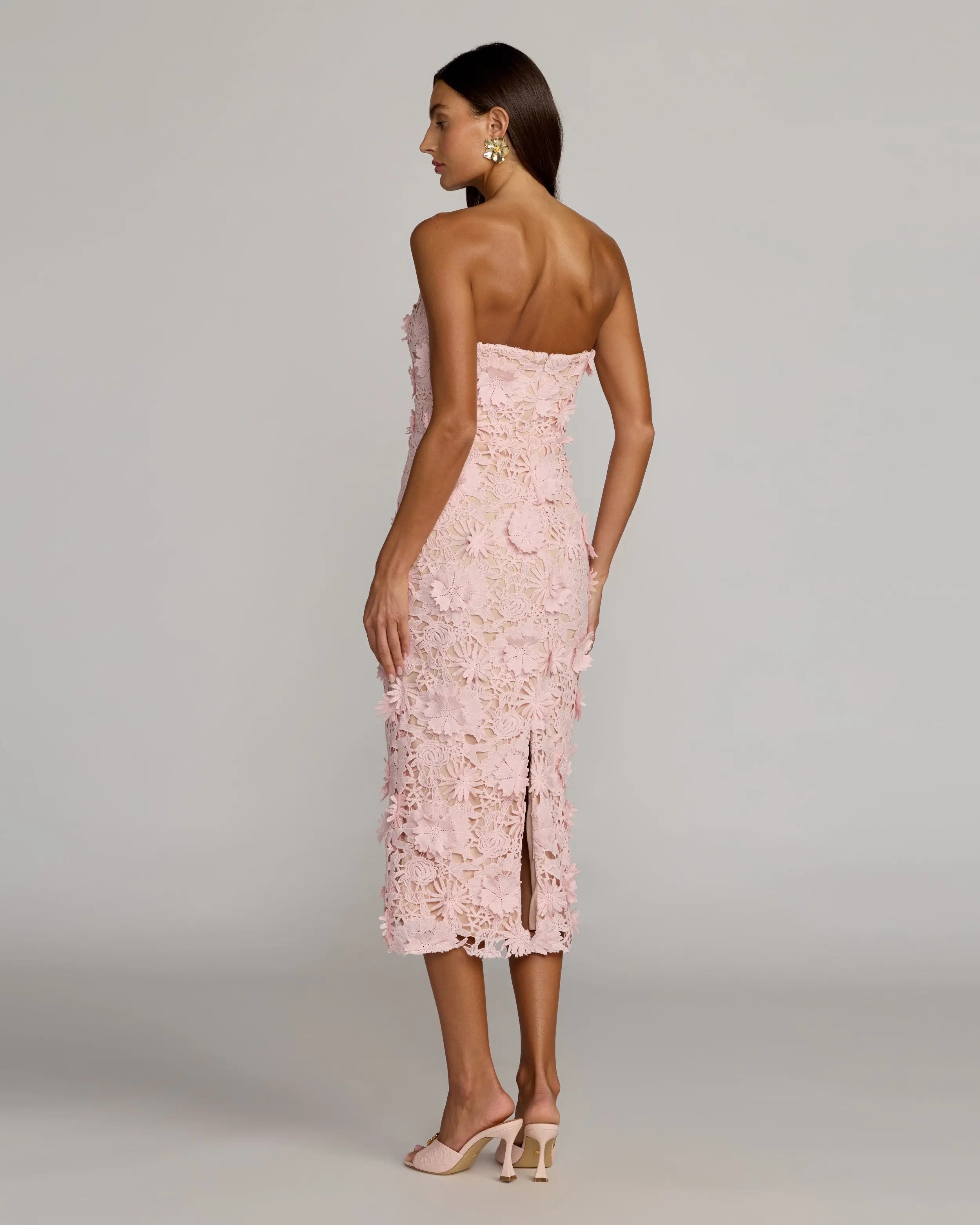 Pink Strapless 3D Floral Midi Dress-Myartka