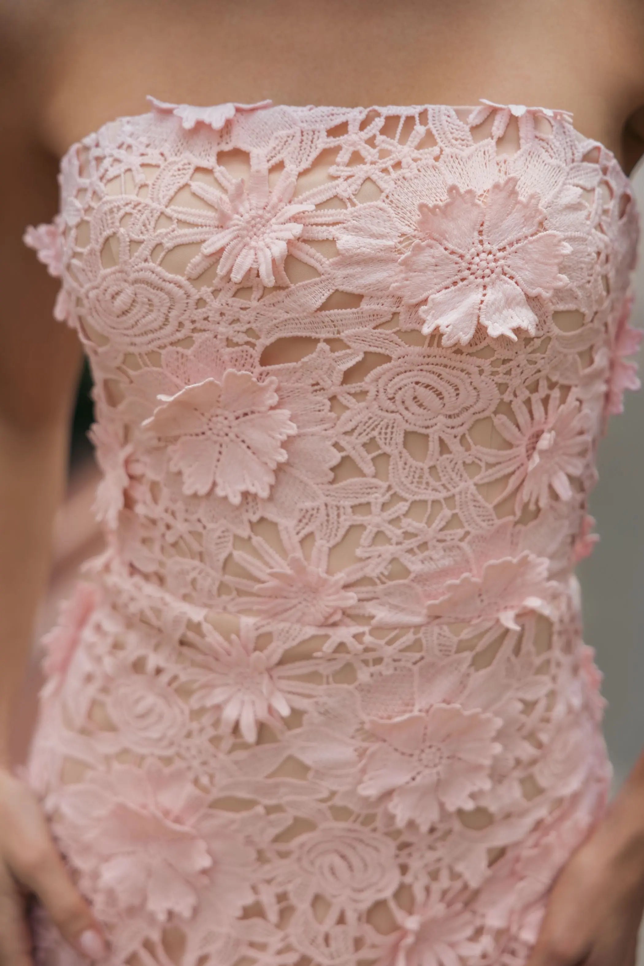 Pink Strapless 3D Floral Midi Dress-Myartka