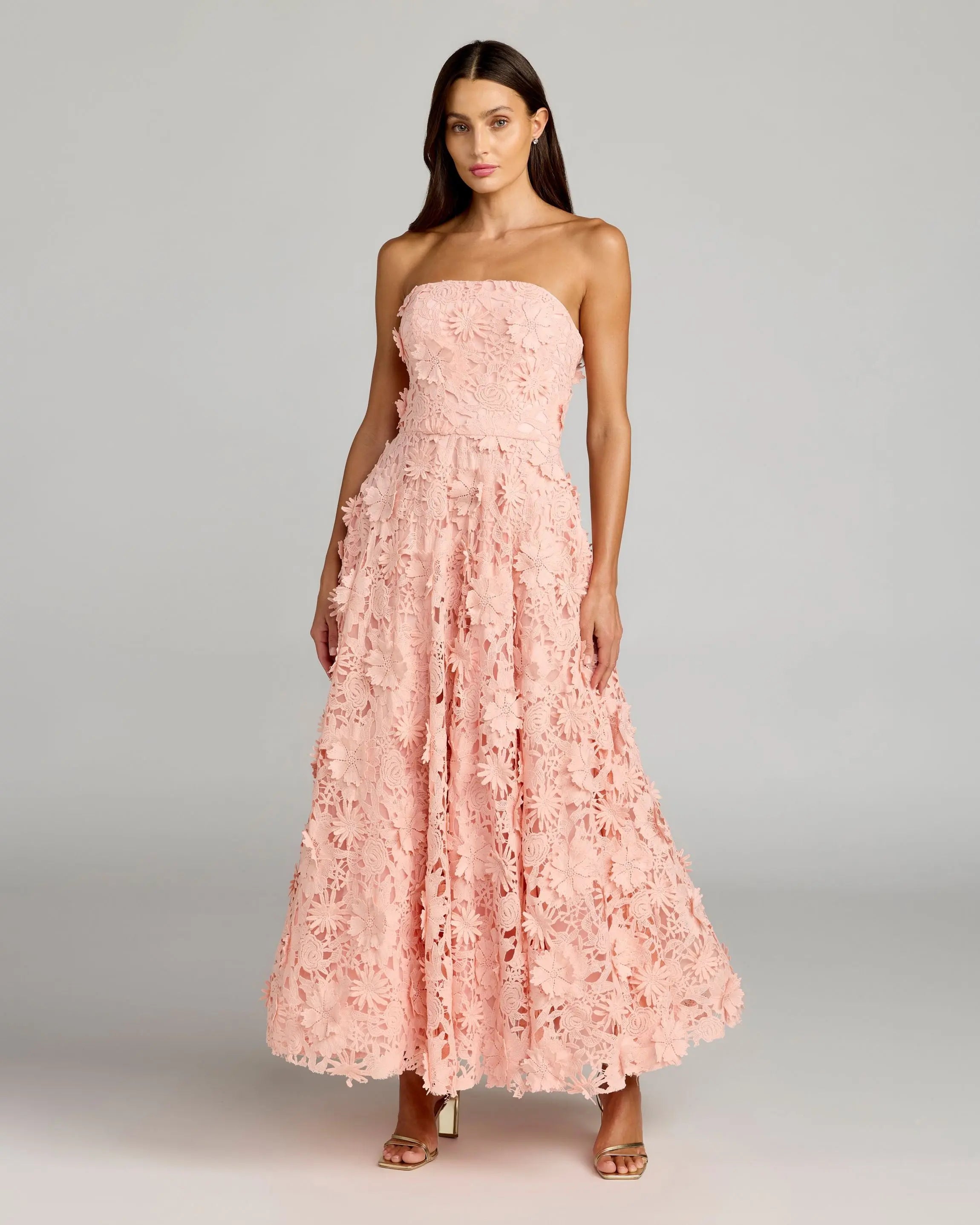 Pink Strapless Floral Embroidered Lace A-Line Dress-Myartka