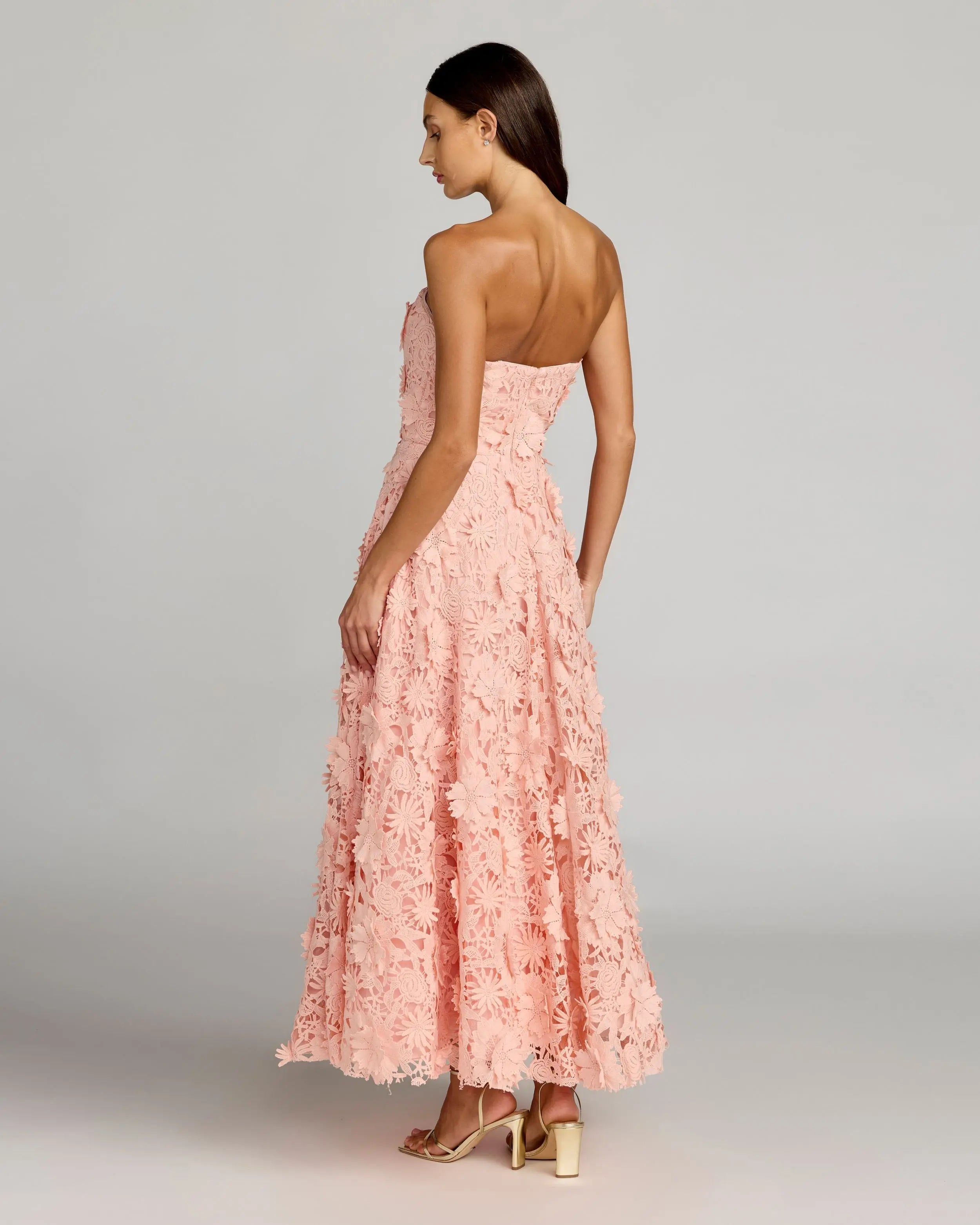 Pink Strapless Floral Embroidered Lace A-Line Dress-Myartka