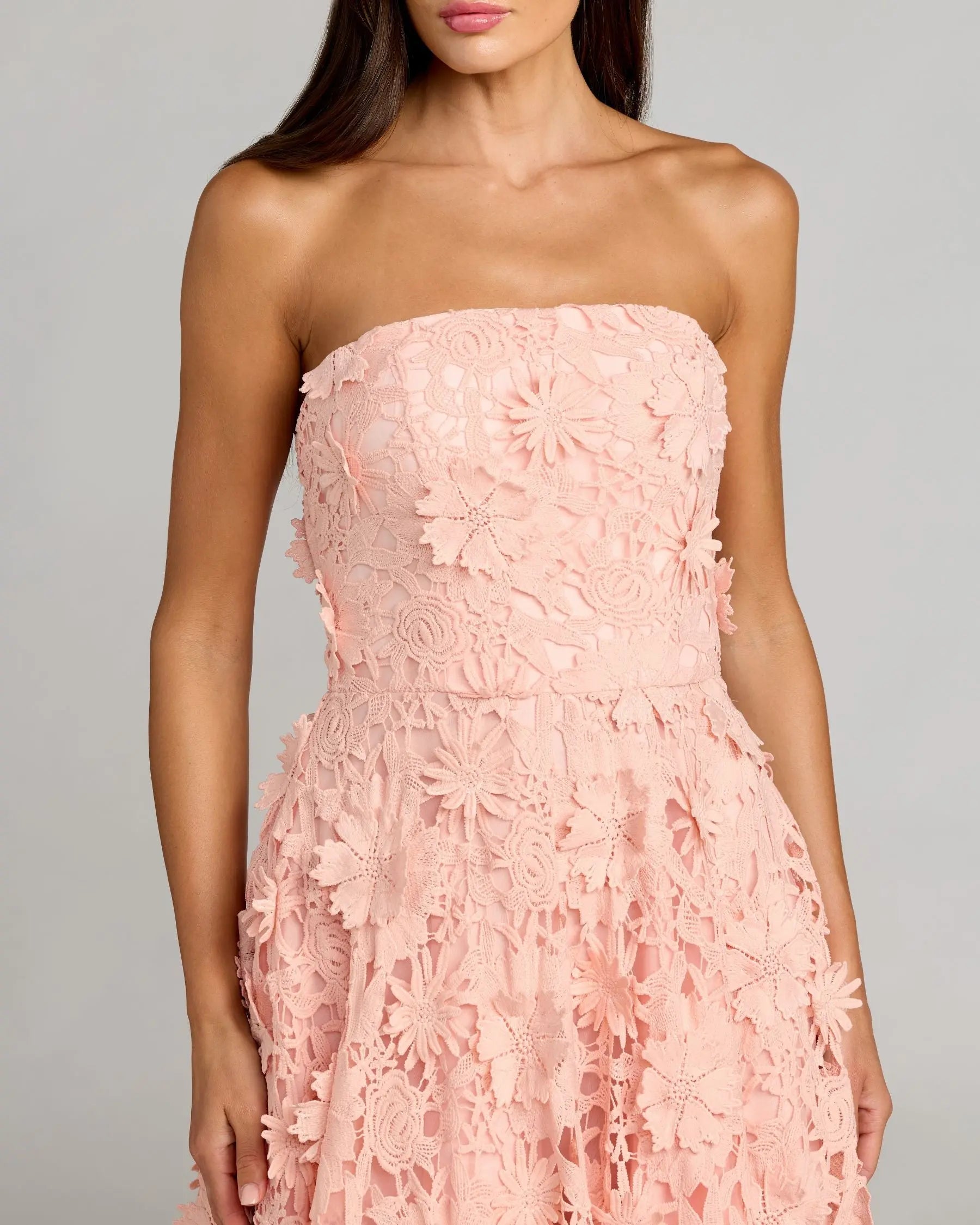 Pink Strapless Floral Embroidered Lace A-Line Dress-Myartka