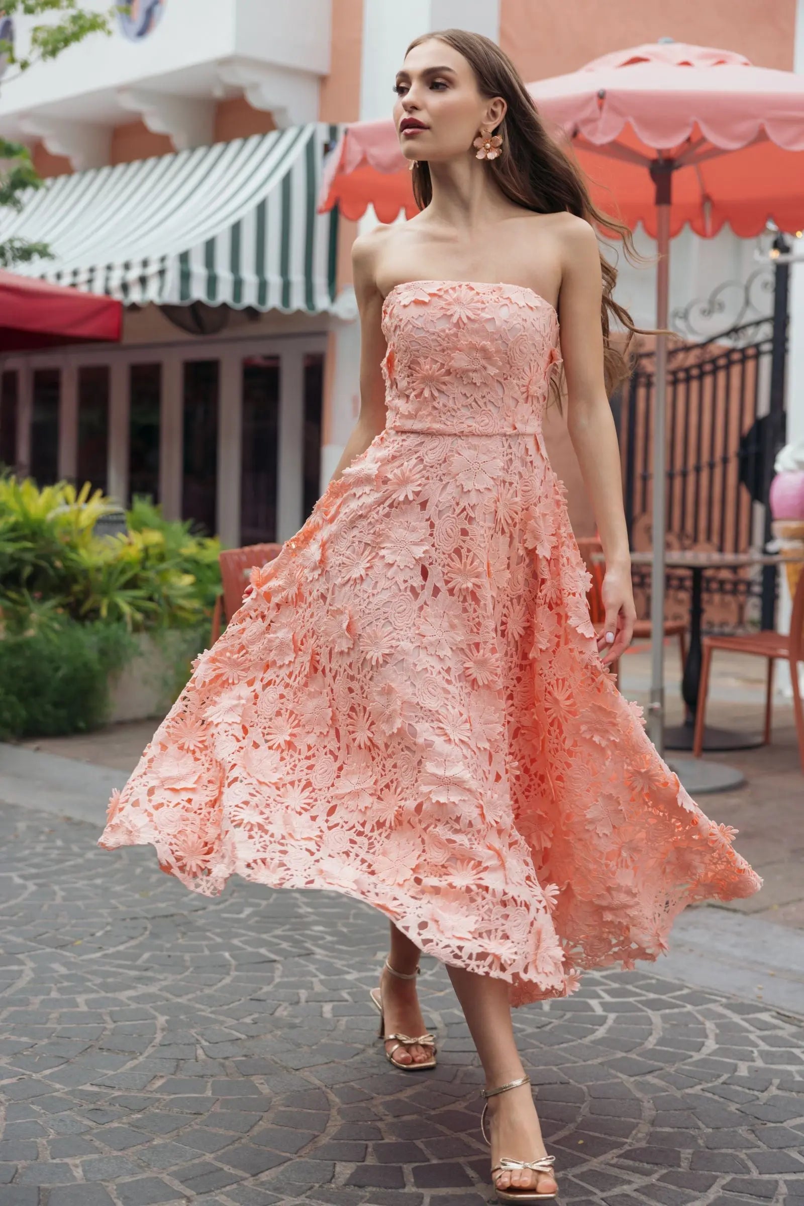 Pink Strapless Floral Embroidered Lace A-Line Dress-Myartka