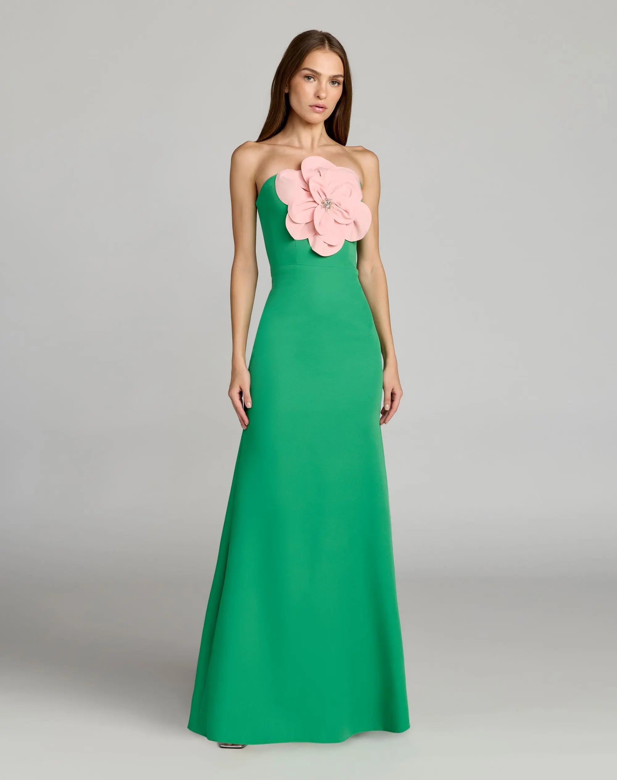 Green Strapless Crepe Gown With 3D Flower-Myartka