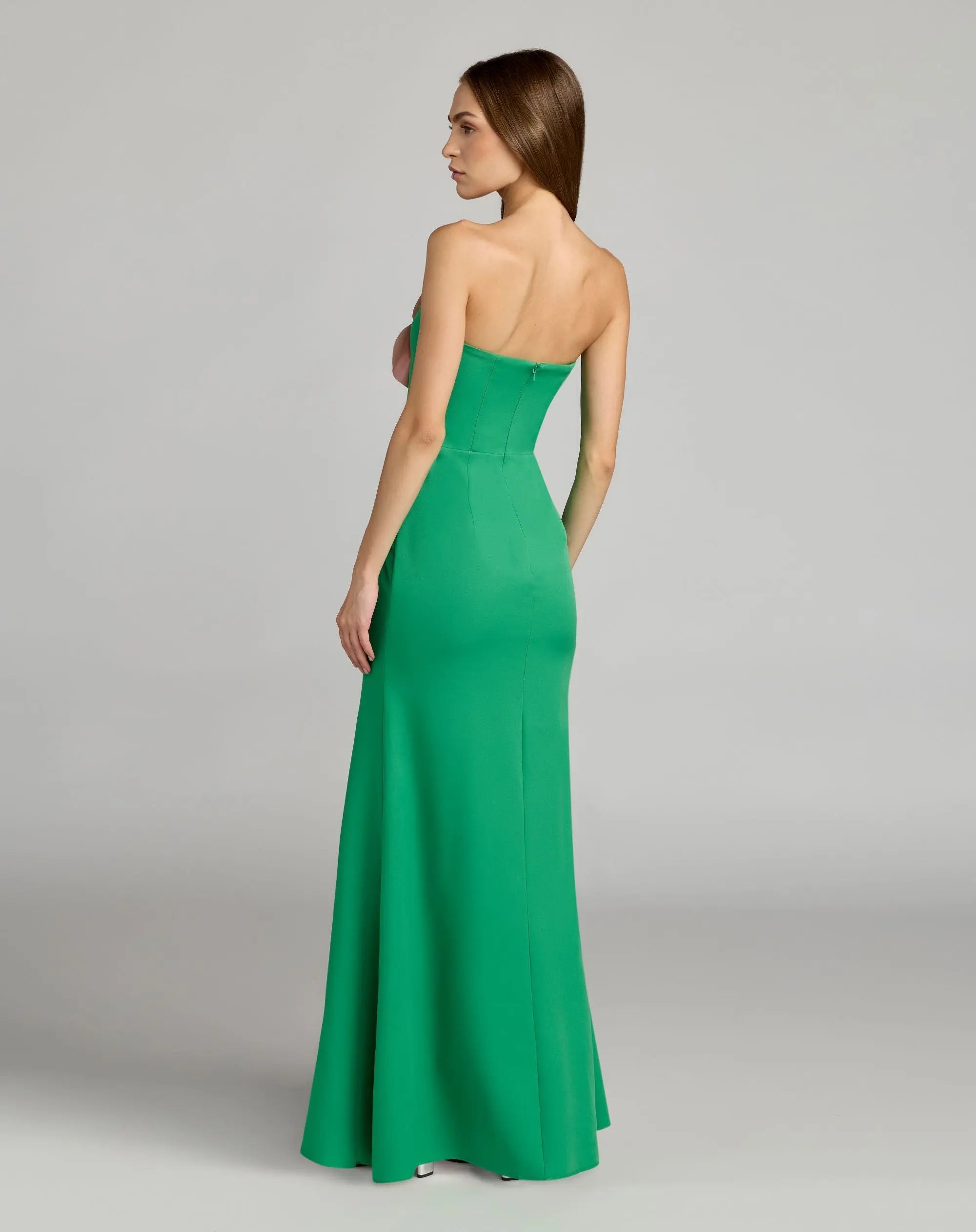 Green Strapless Crepe Gown With 3D Flower-Myartka
