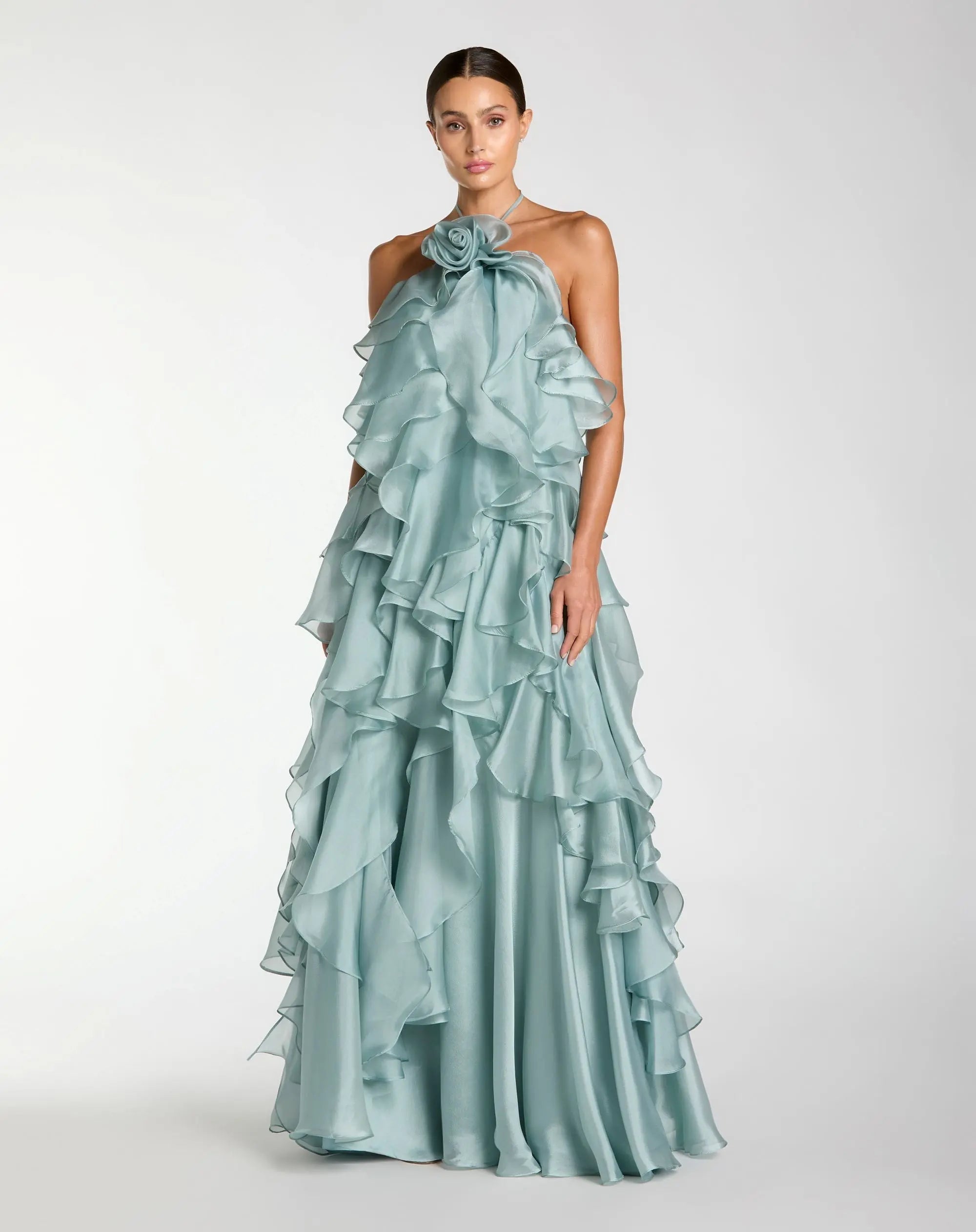 Blue Halter Neck Open Back Trapeze Ruffle Gown-Myartka