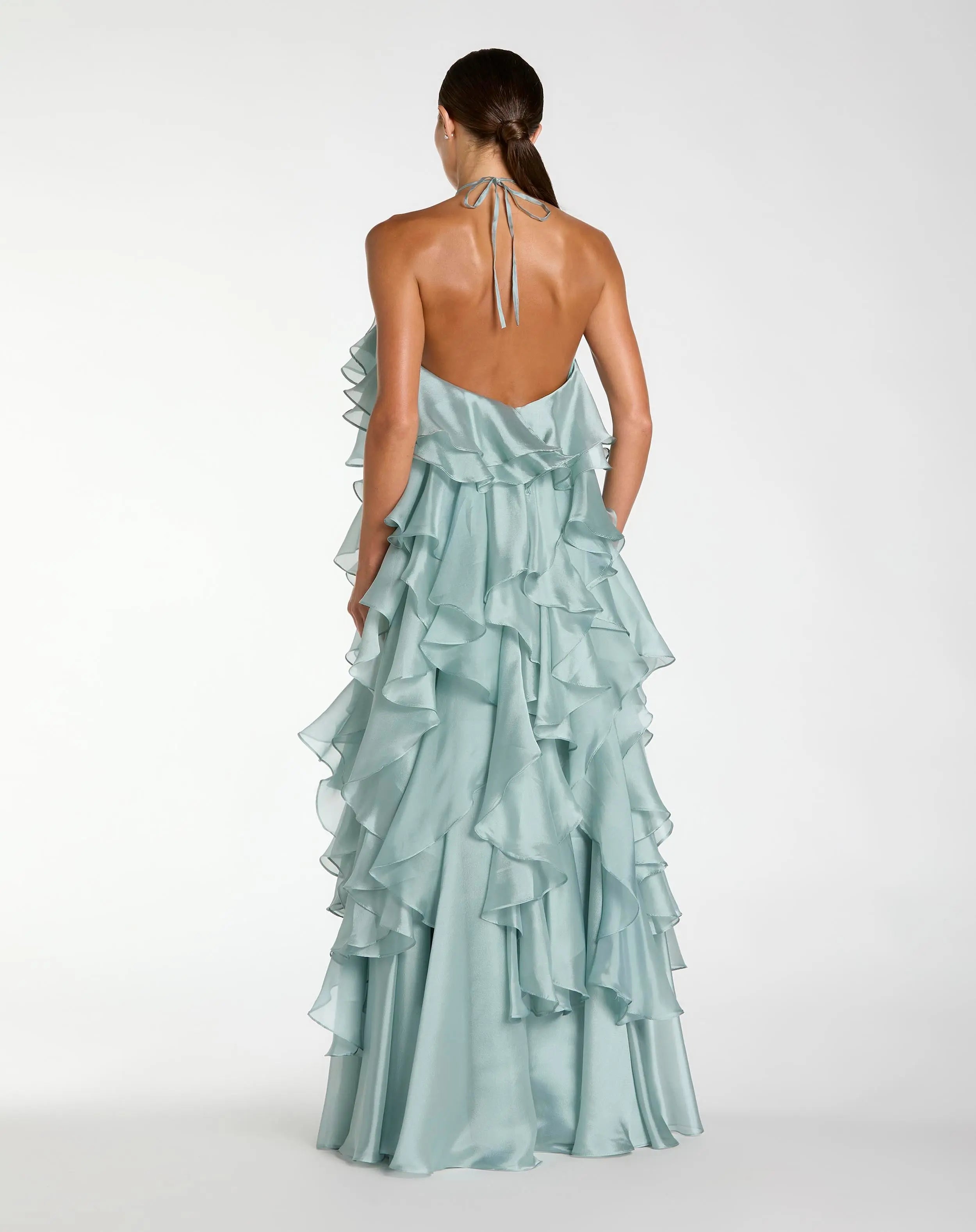 Blue Halter Neck Open Back Trapeze Ruffle Gown-Myartka
