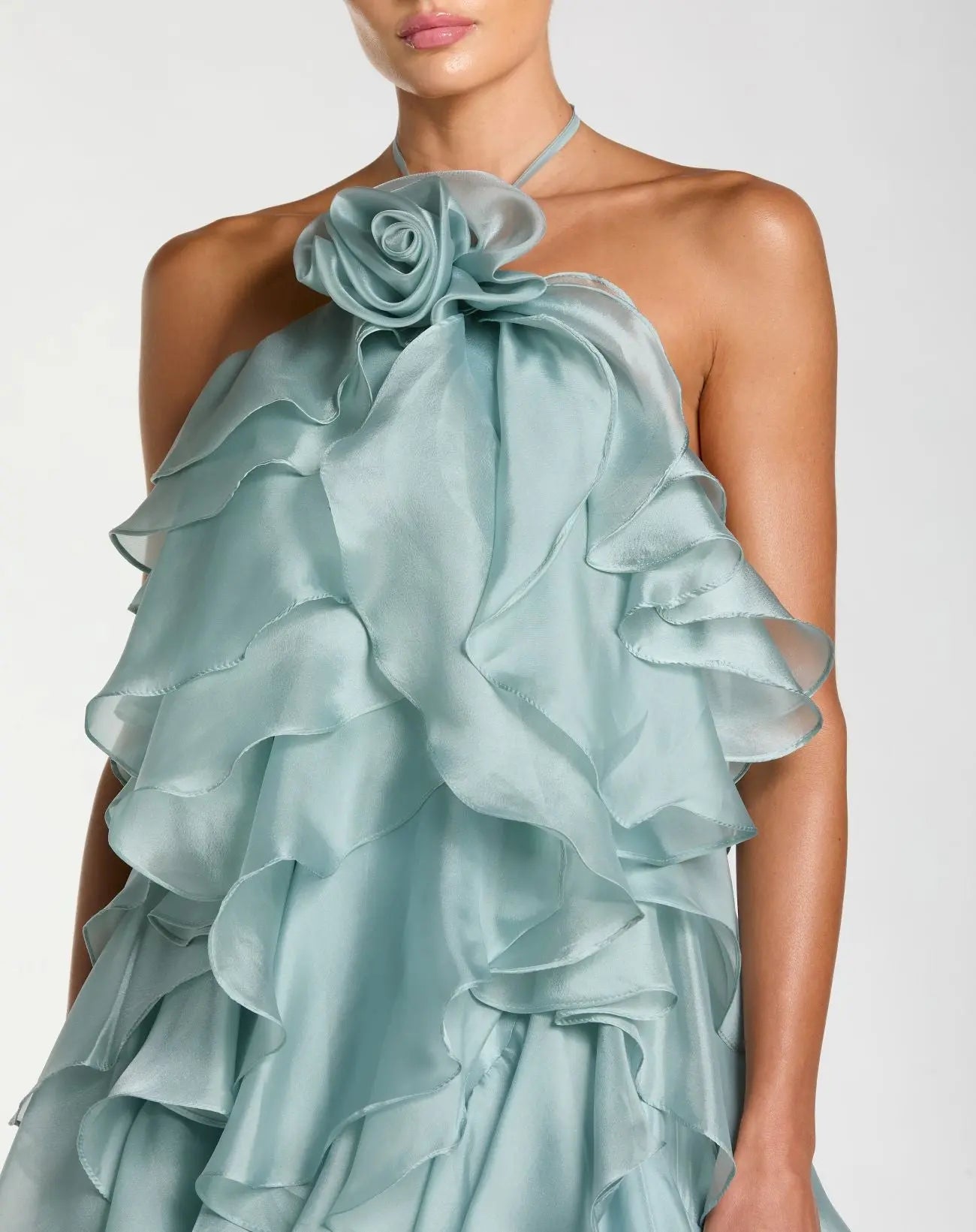 Blue Halter Neck Open Back Trapeze Ruffle Gown-Myartka