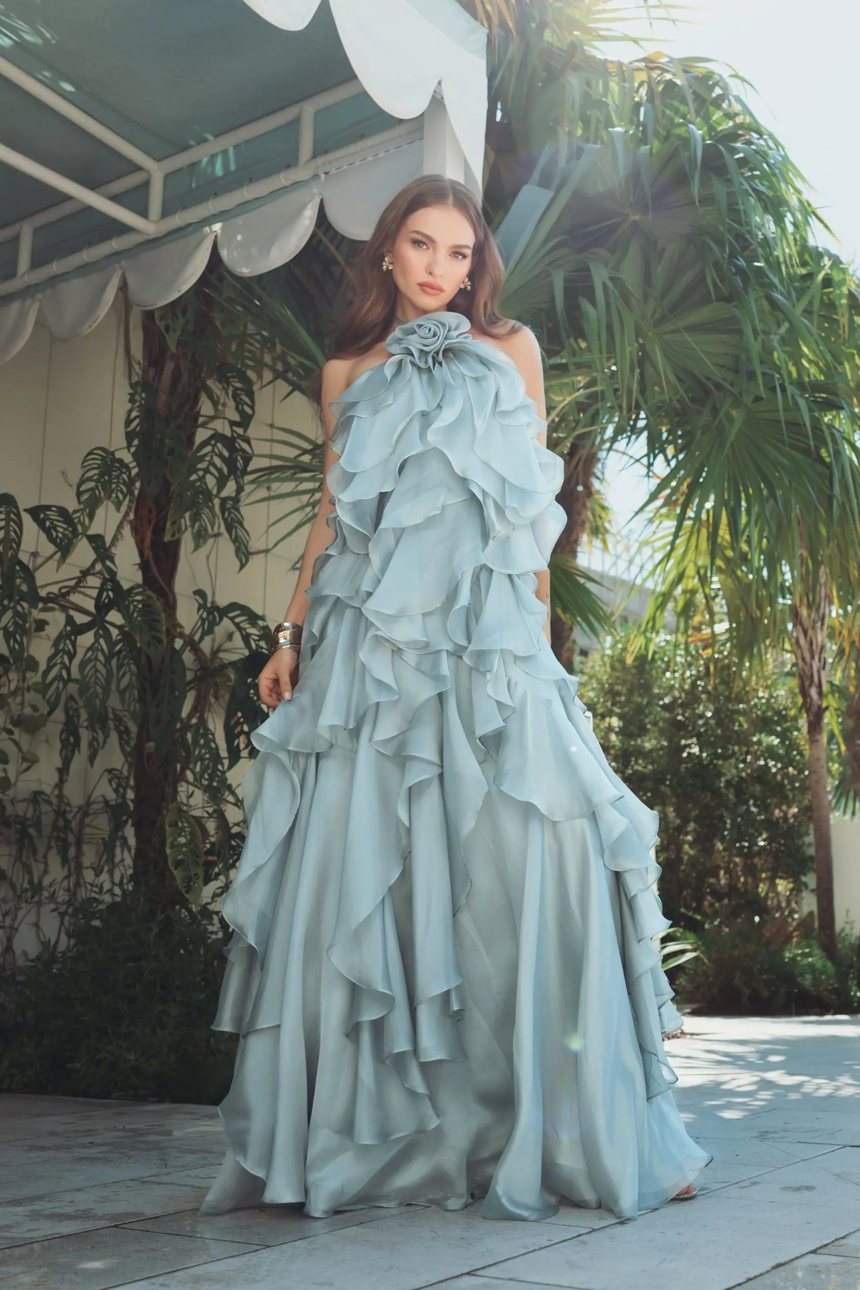 Blue Halter Neck Open Back Trapeze Ruffle Gown-Myartka