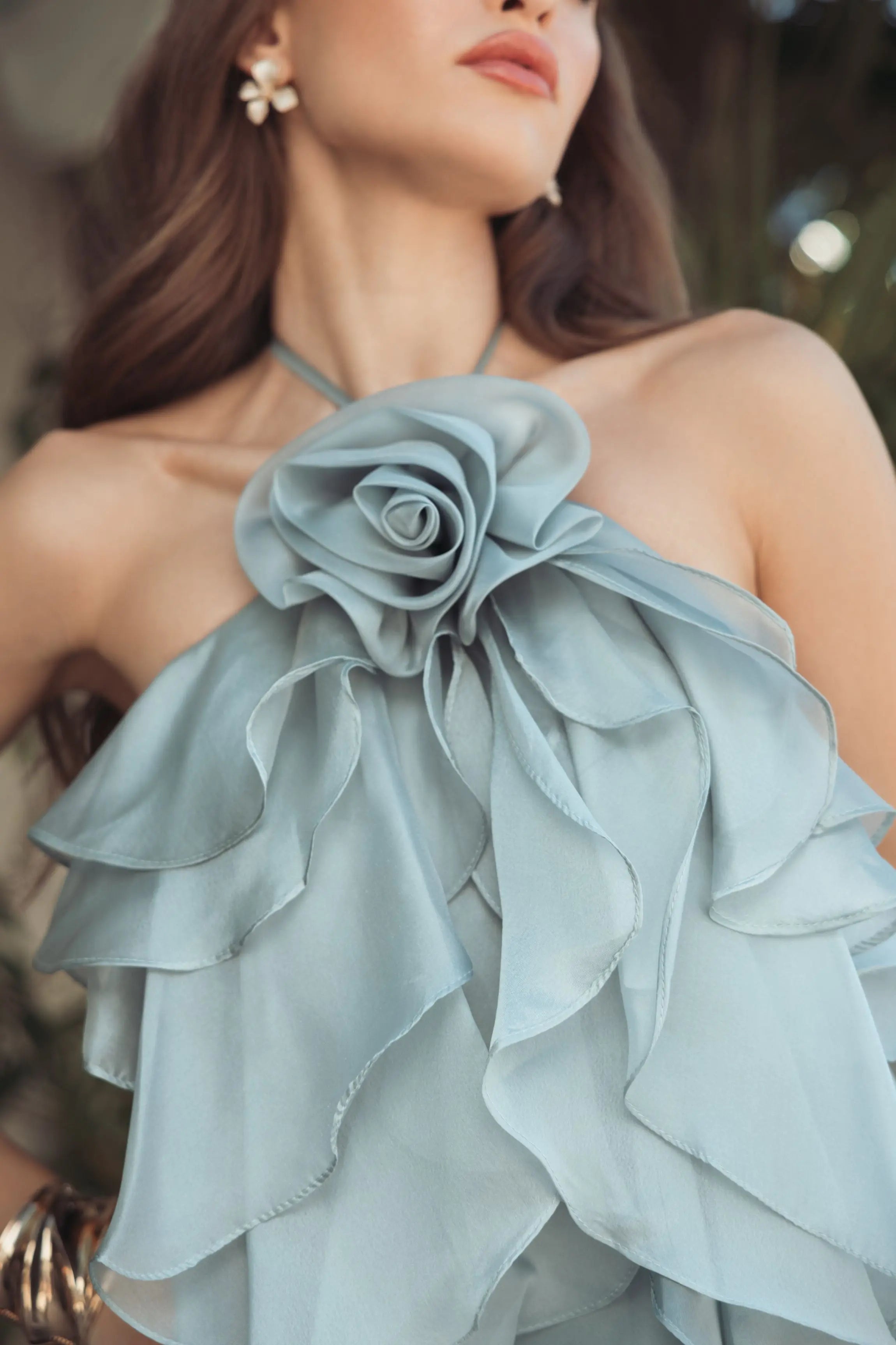 Blue Halter Neck Open Back Trapeze Ruffle Gown-Myartka