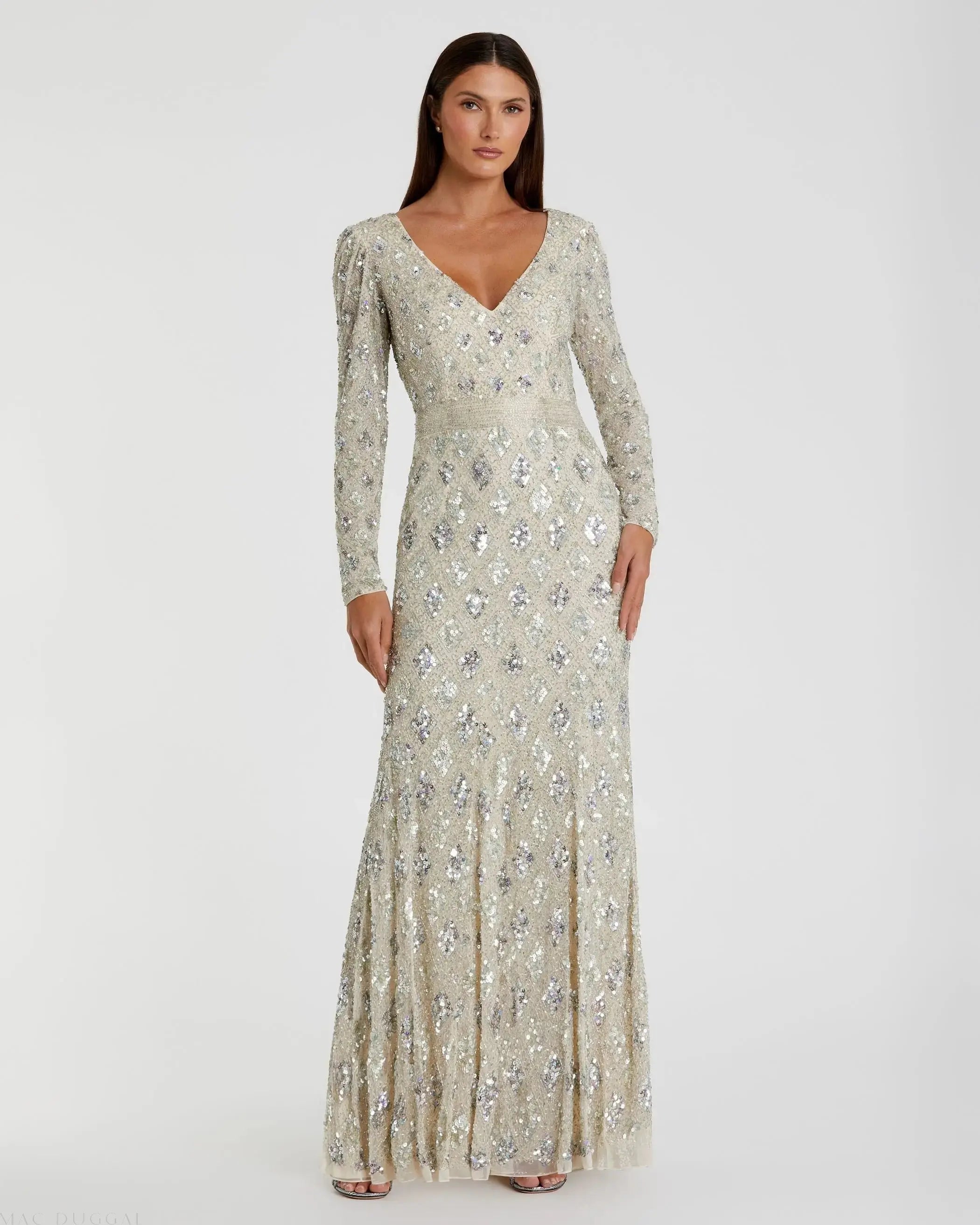 Silver Geometric Embellished Evening Gown - FINAL SALE-Myartka