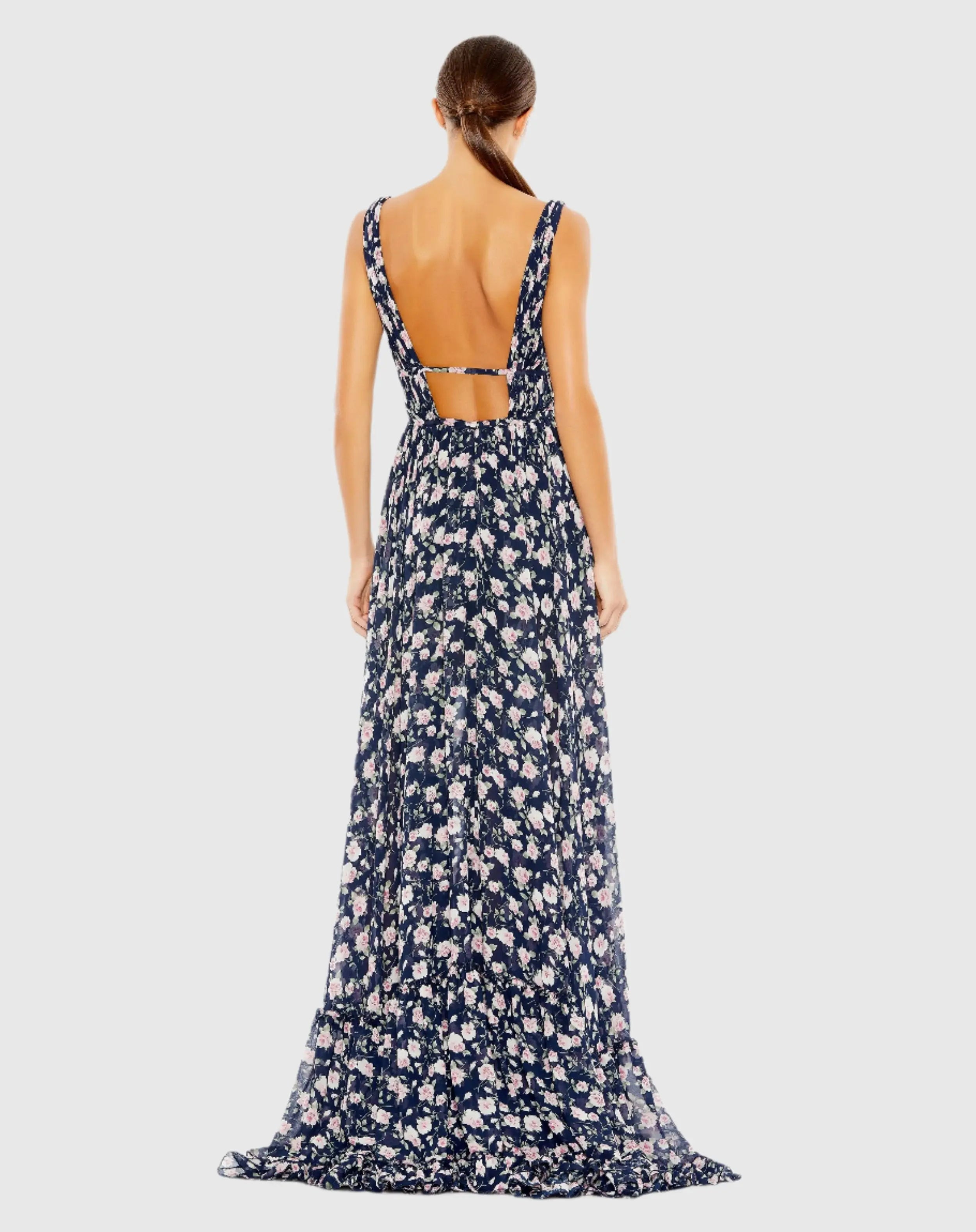 Navy Multicolor Floral Print Sleeveless Ruffled High-Low Gown-Myartka