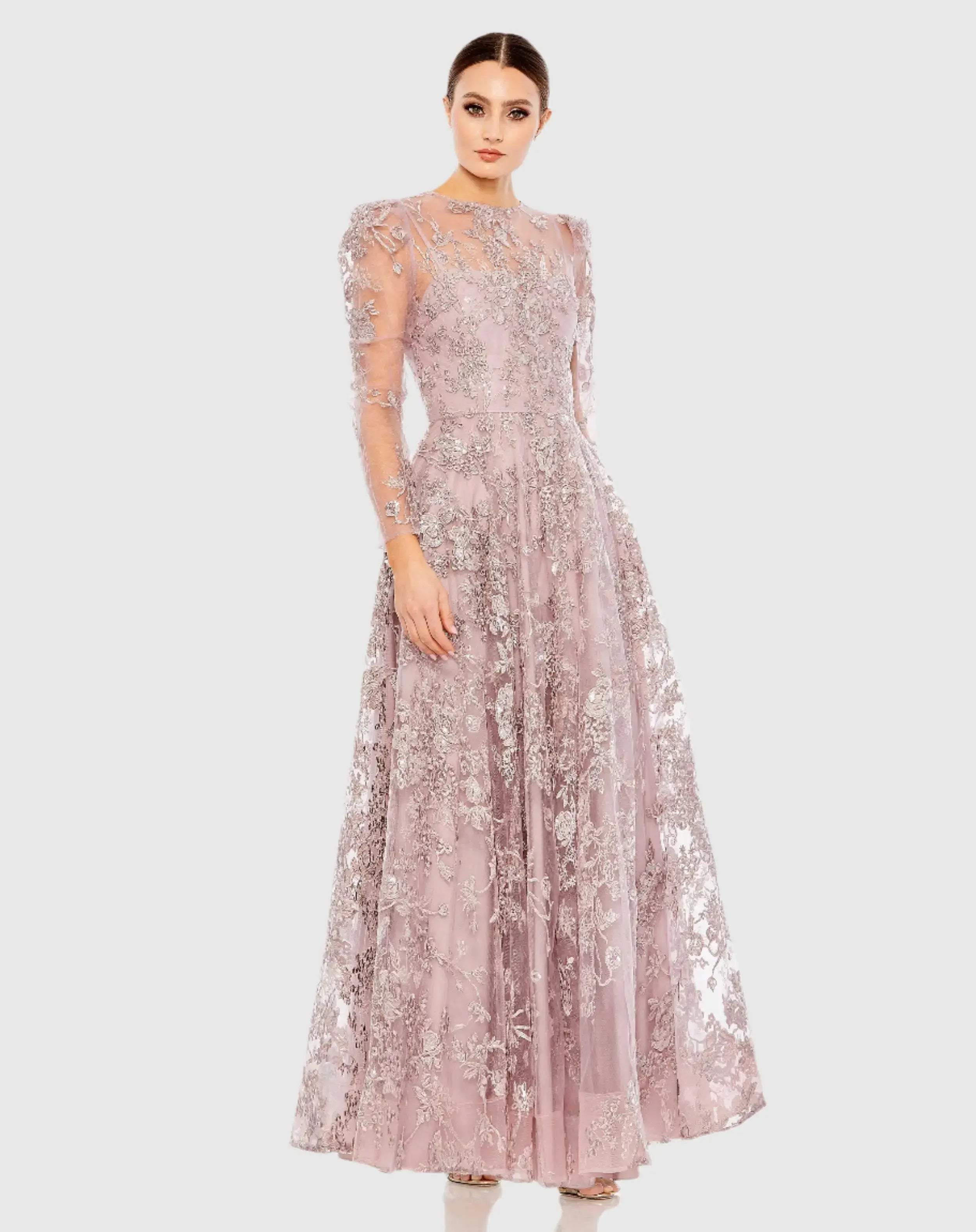 Purple Embroidered Illusion High Neck A Line Dress-Myartka