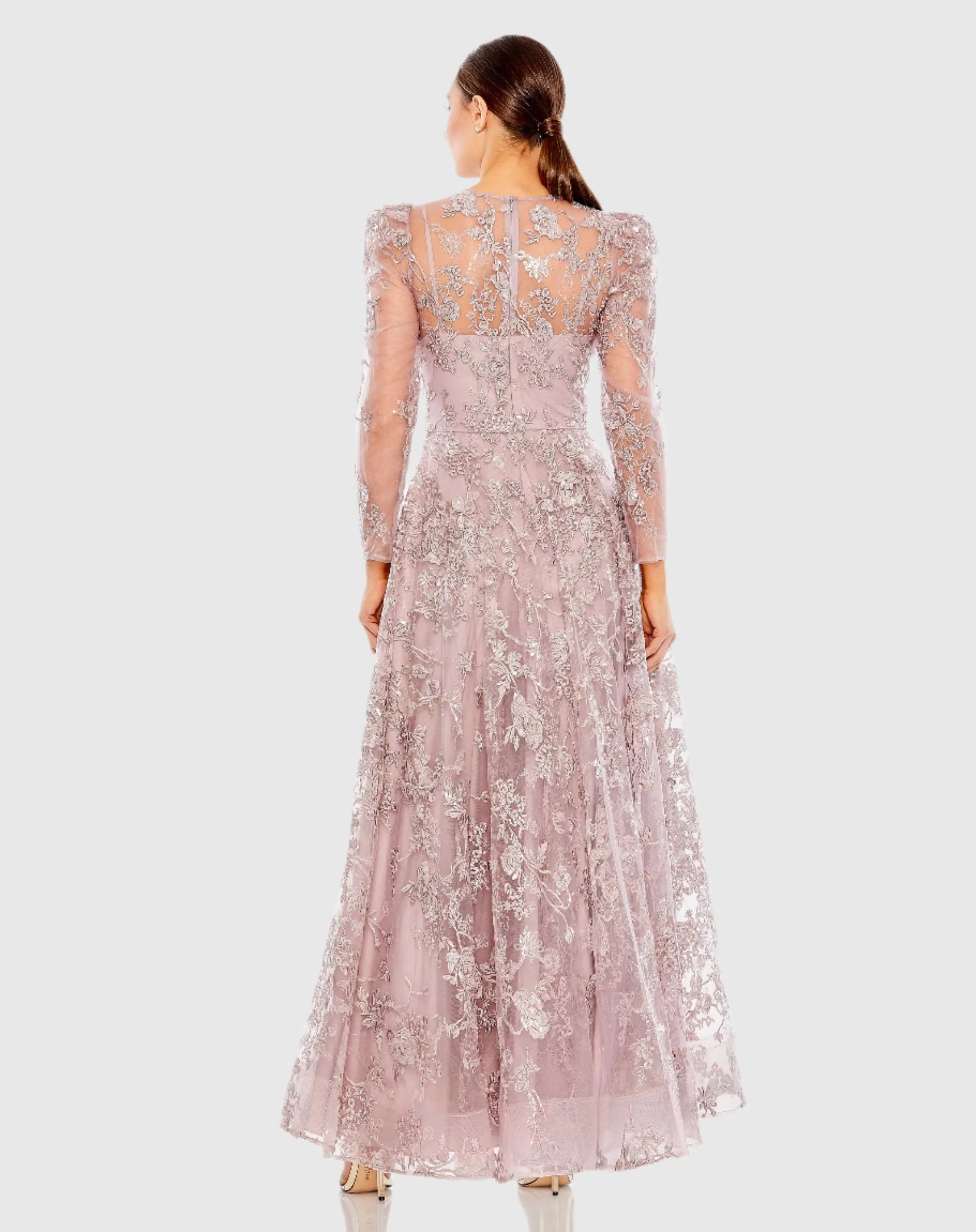 Purple Embroidered Illusion High Neck A Line Dress-Myartka