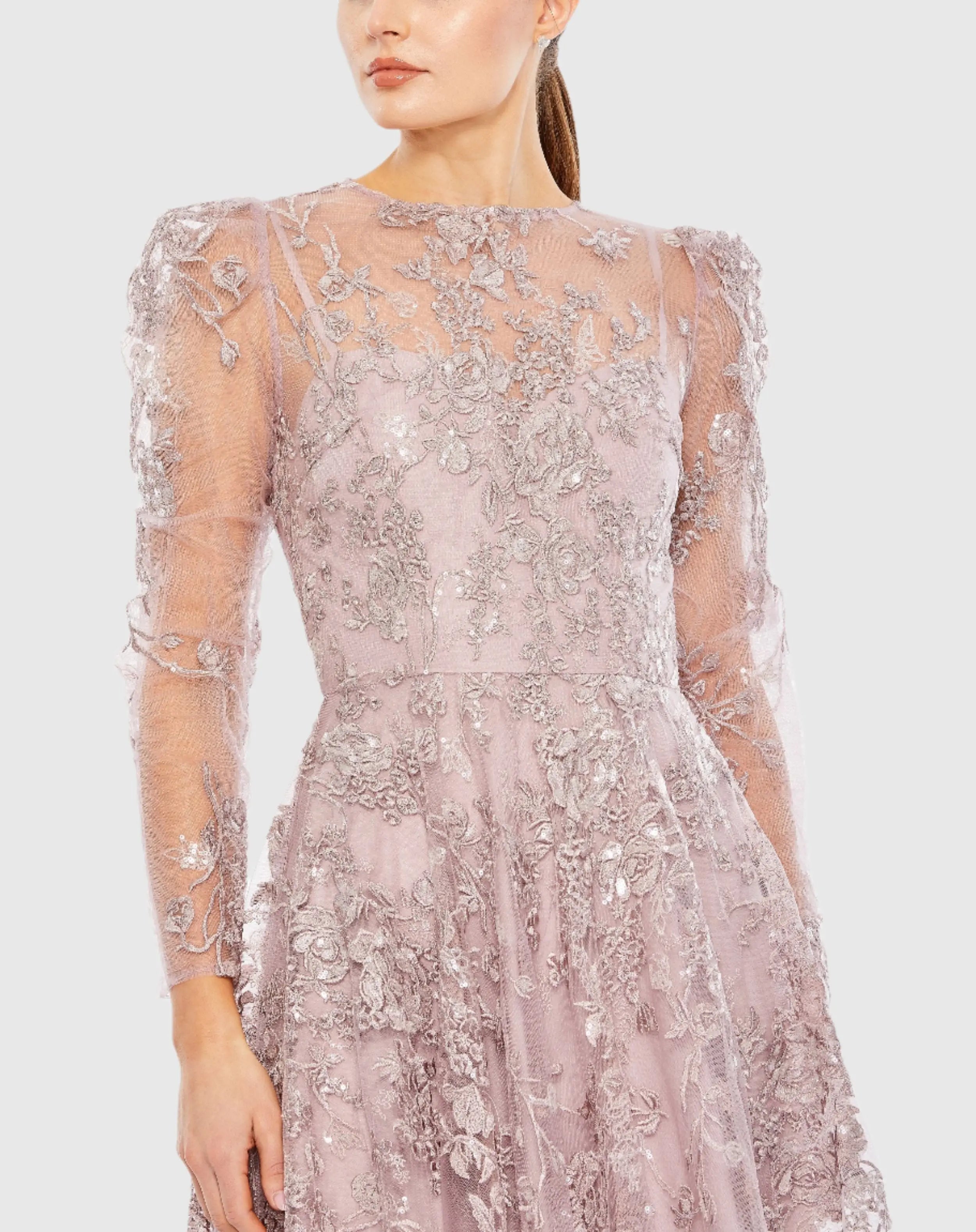 Purple Embroidered Illusion High Neck A Line Dress-Myartka