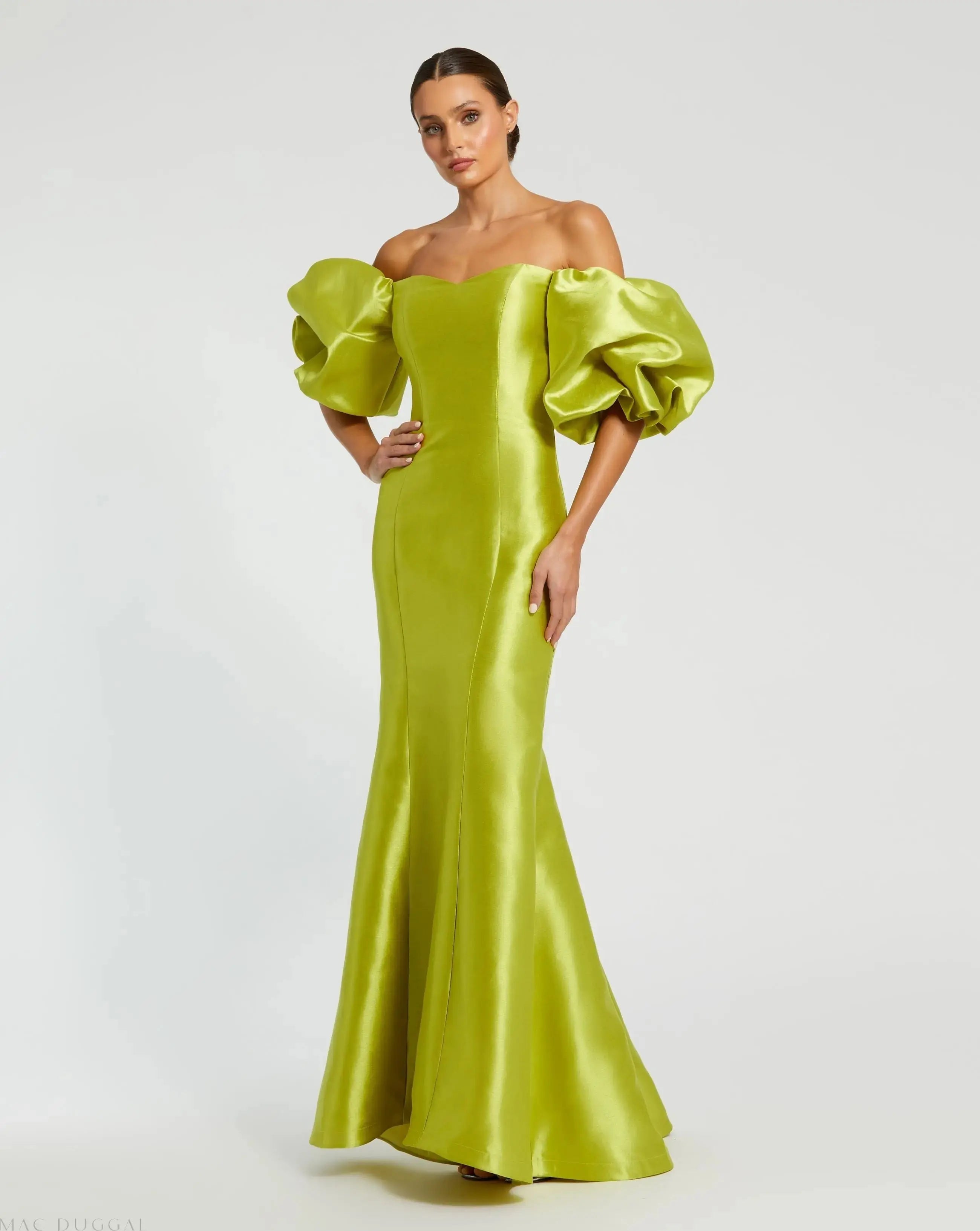 Green Sweetheart Off The Shoulder Puff Sleeve Gown-Myartka