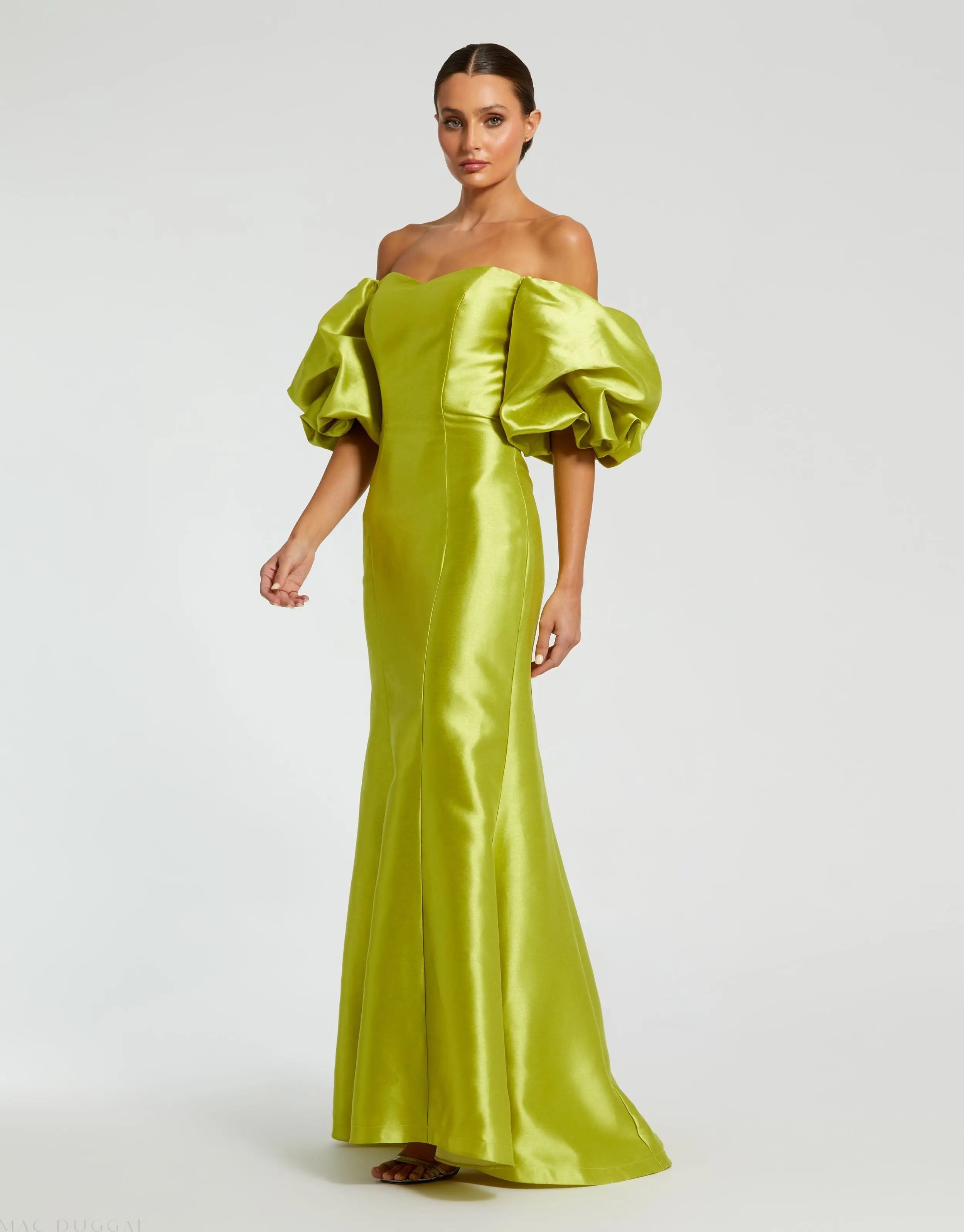 Green Sweetheart Off The Shoulder Puff Sleeve Gown-Myartka