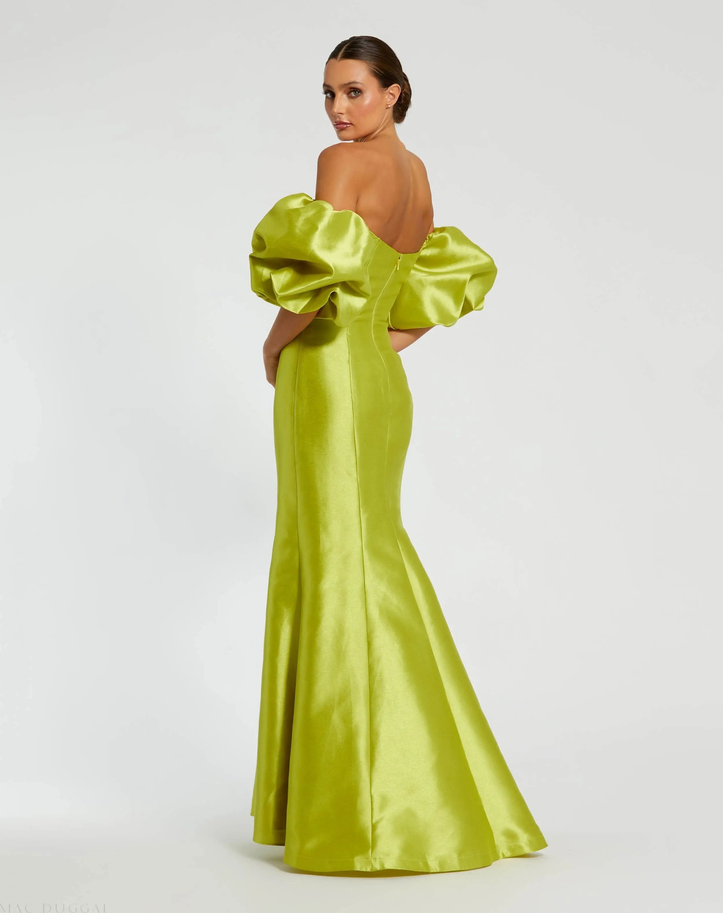 Green Sweetheart Off The Shoulder Puff Sleeve Gown-Myartka