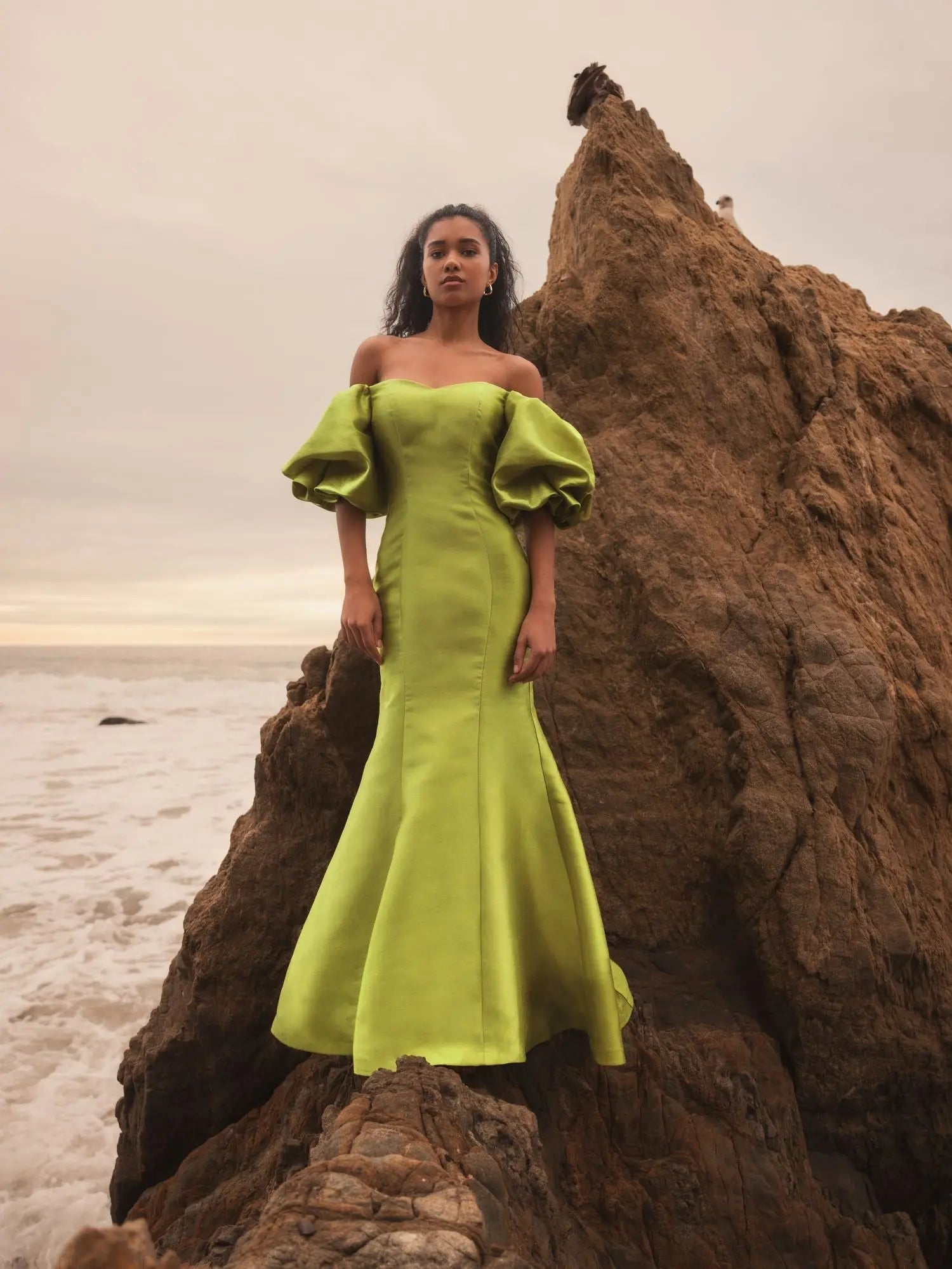 Green Sweetheart Off The Shoulder Puff Sleeve Gown-Myartka