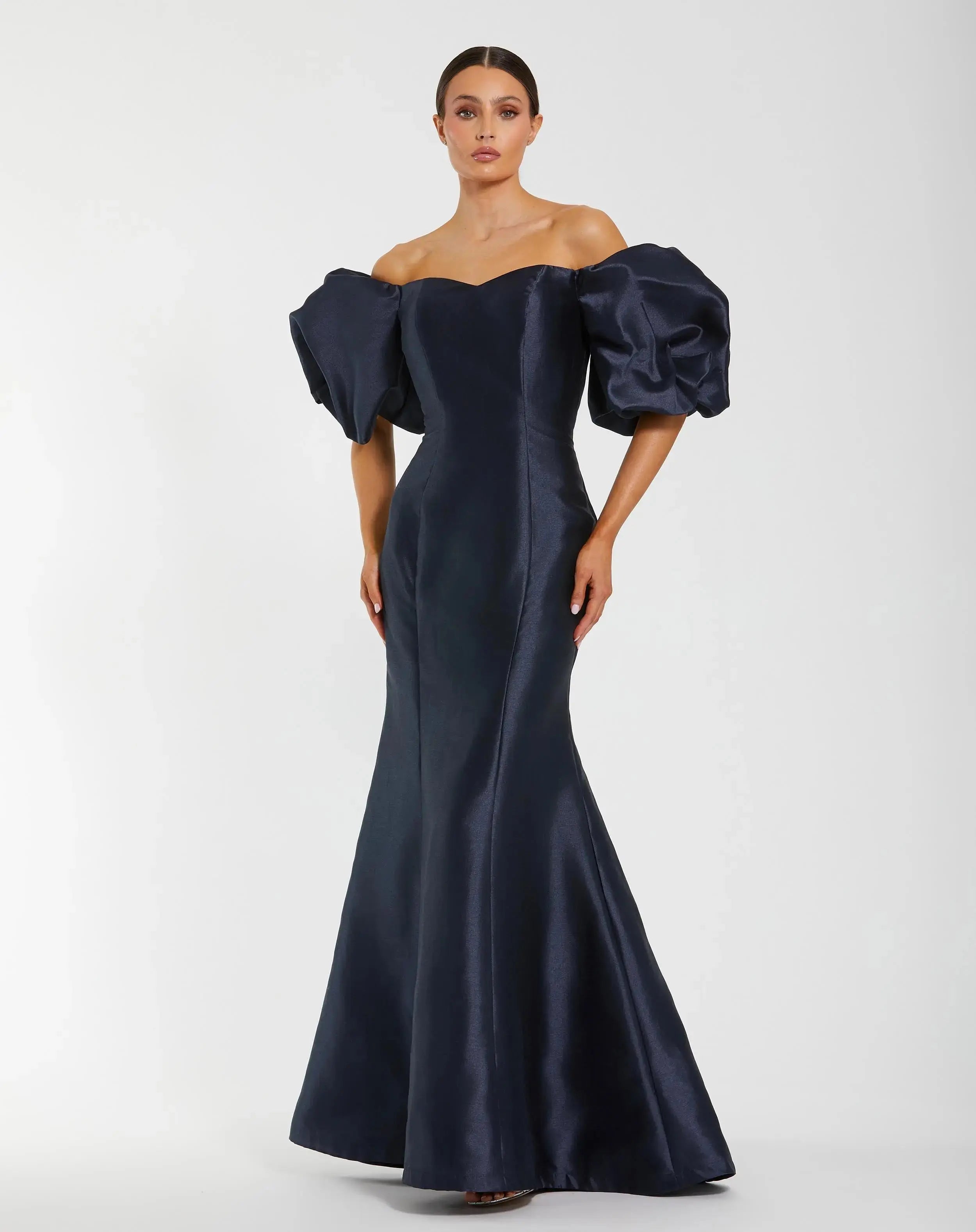 Navy Sweetheart Off The Shoulder Puff Sleeve Gown-Myartka