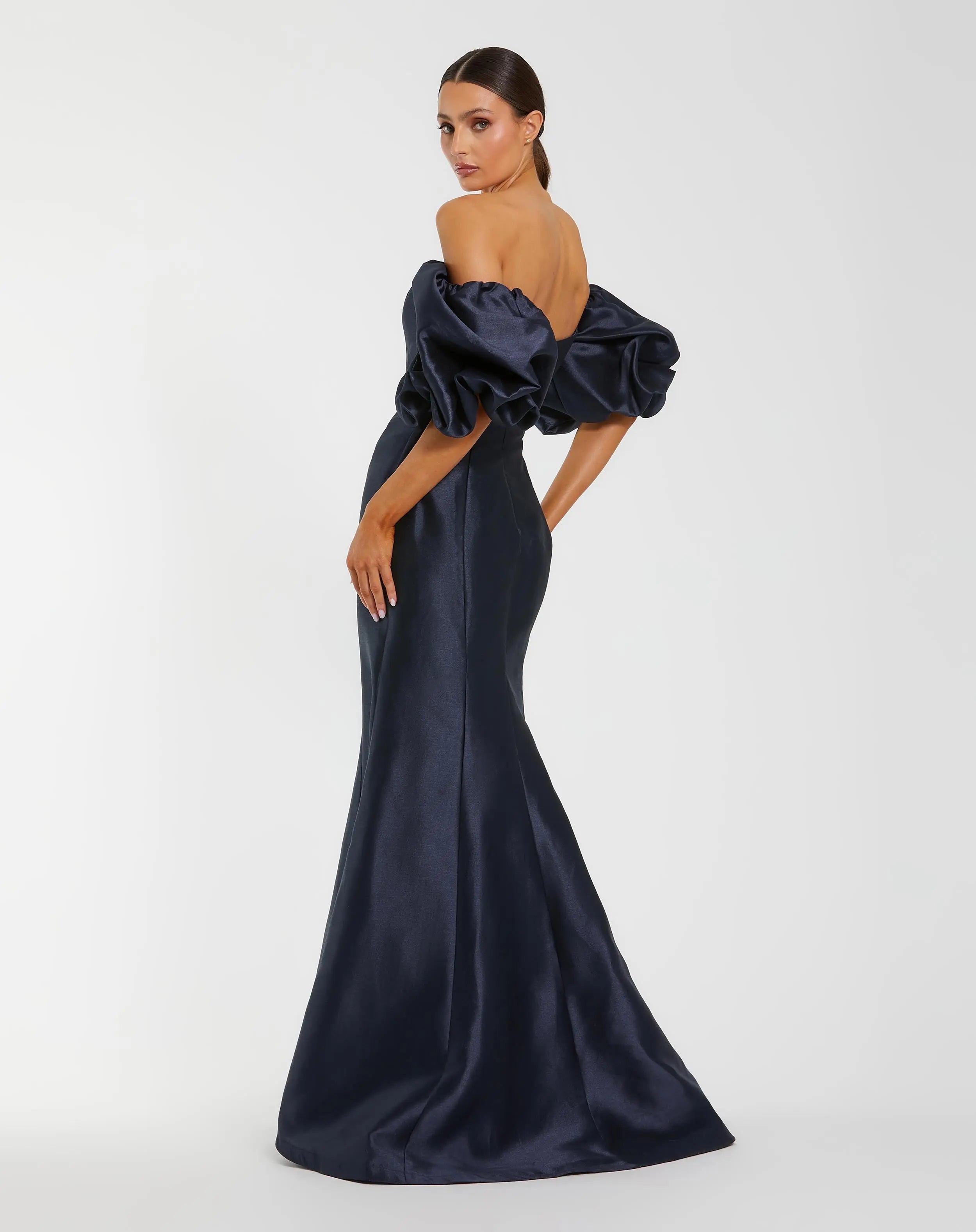 Navy Sweetheart Off The Shoulder Puff Sleeve Gown-Myartka