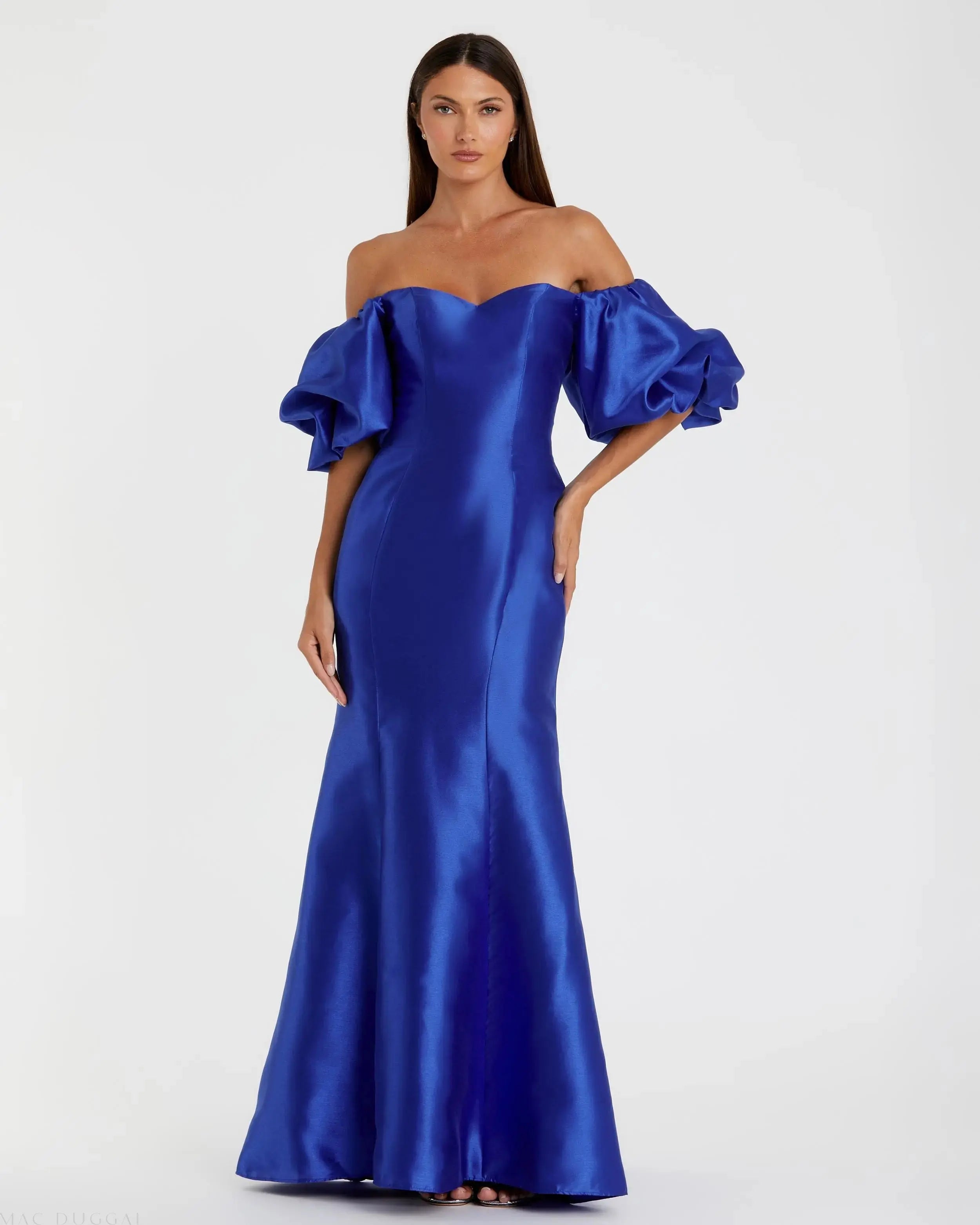 Blue Sweetheart Off The Shoulder Puff Sleeve Gown-Myartka