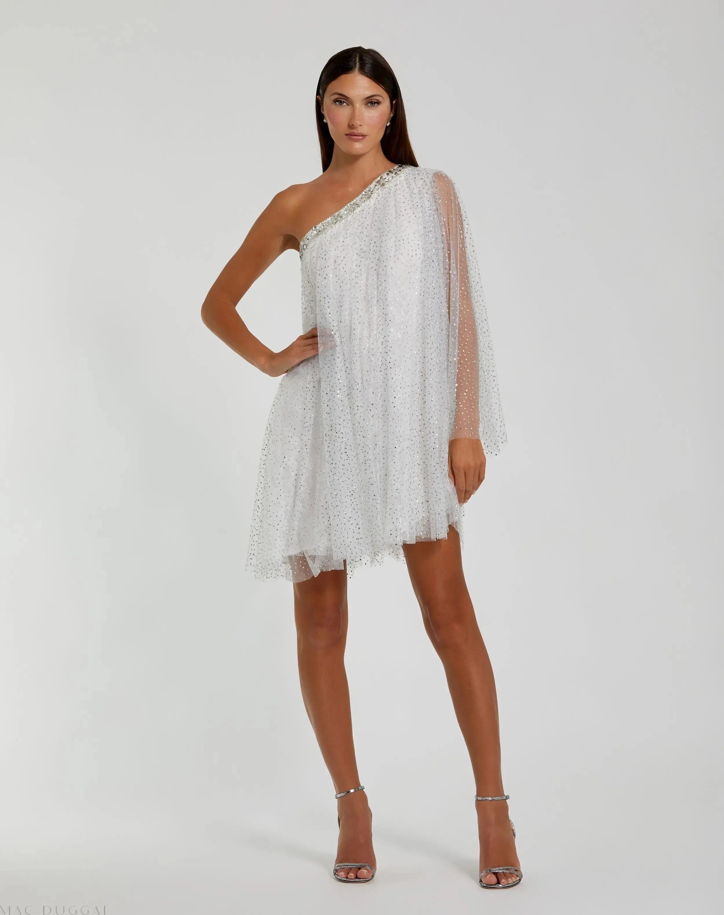 White One Shoulder Embellished Tulle Mini Dress-Myartka